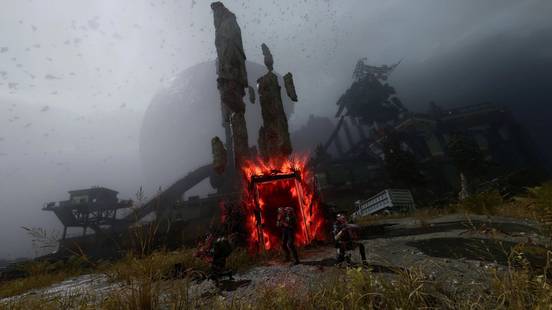 Waste The Fallen: Three armored players by a red portal amid ruined industrial yard and floating rocks.