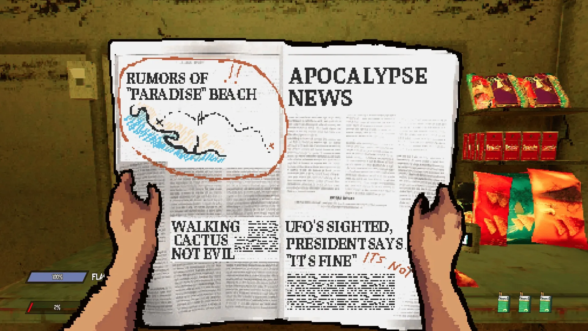 Wasteland Bites: Player reading a newspaper with rumors and news in post-apocalyptic food truck.