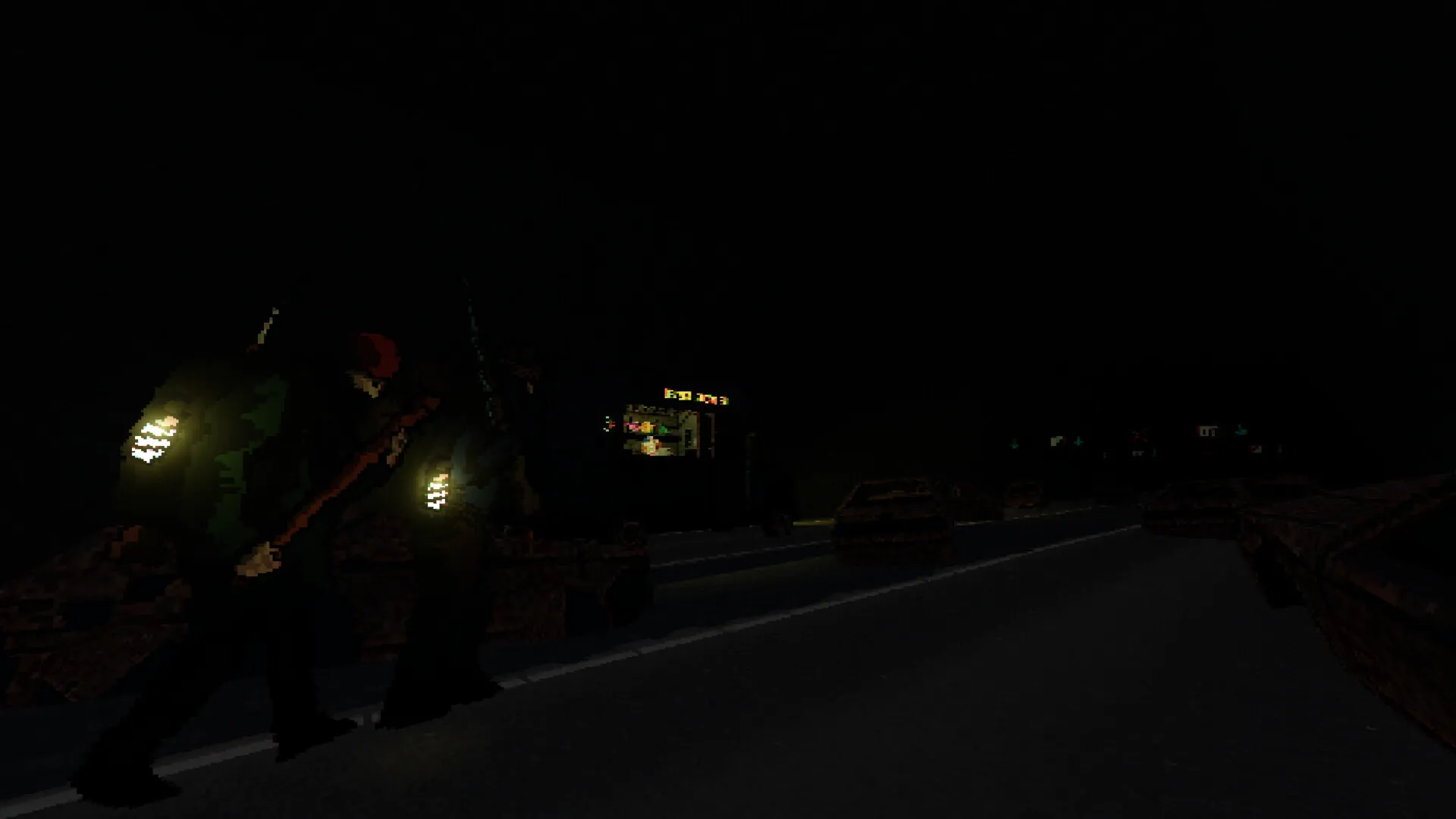 Wasteland Bites: Two figures with glowing backpacks walk by a lit food truck on a dark, abandoned highway.