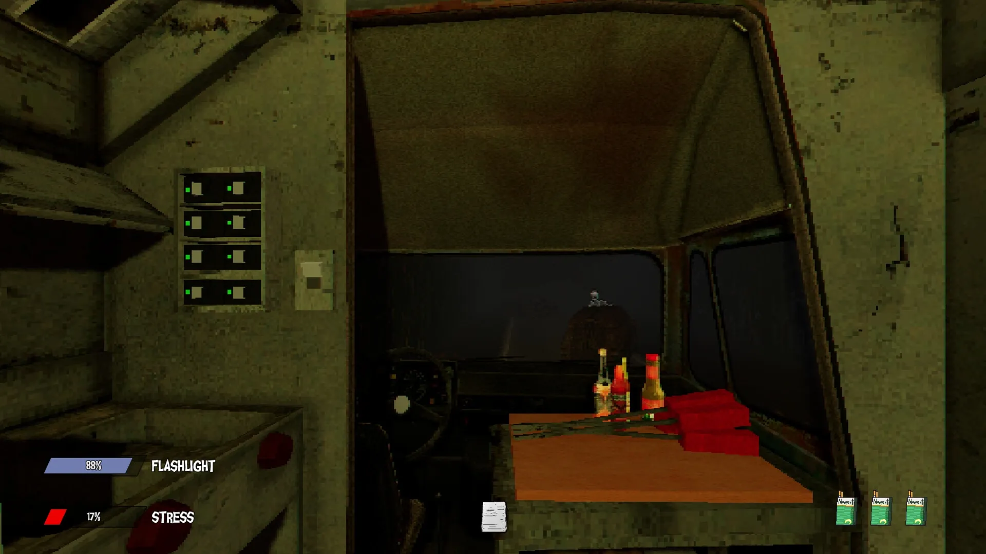 Wasteland Bites: Food truck interior with dashboard, condiments, flashlight and stress levels displayed.