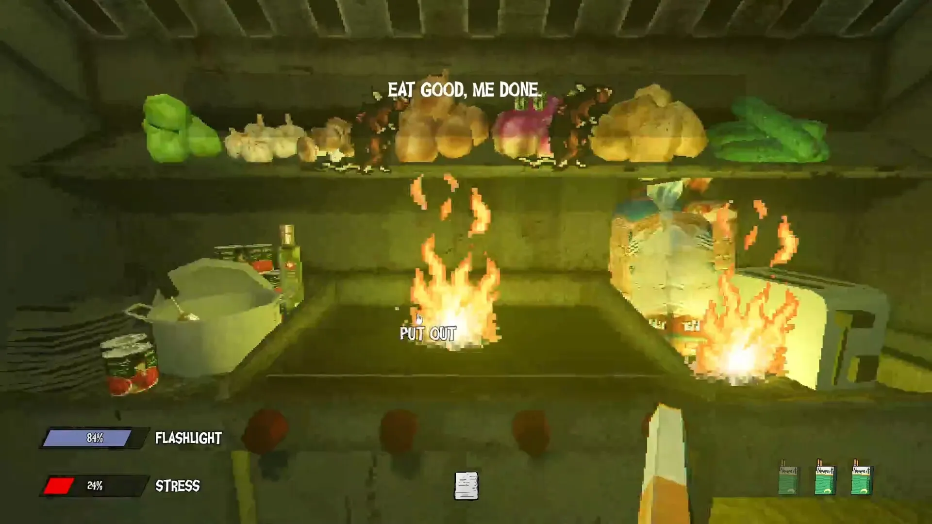 Wasteland Bites: Cooking station with flames, food items, and stress and flashlight meters in food truck.