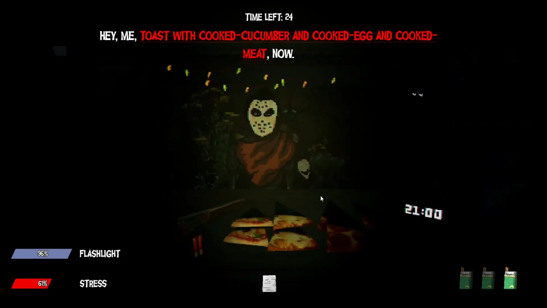 Wasteland Bites: Masked figure demands toast as player prepares food in a dimly lit, tense setting.