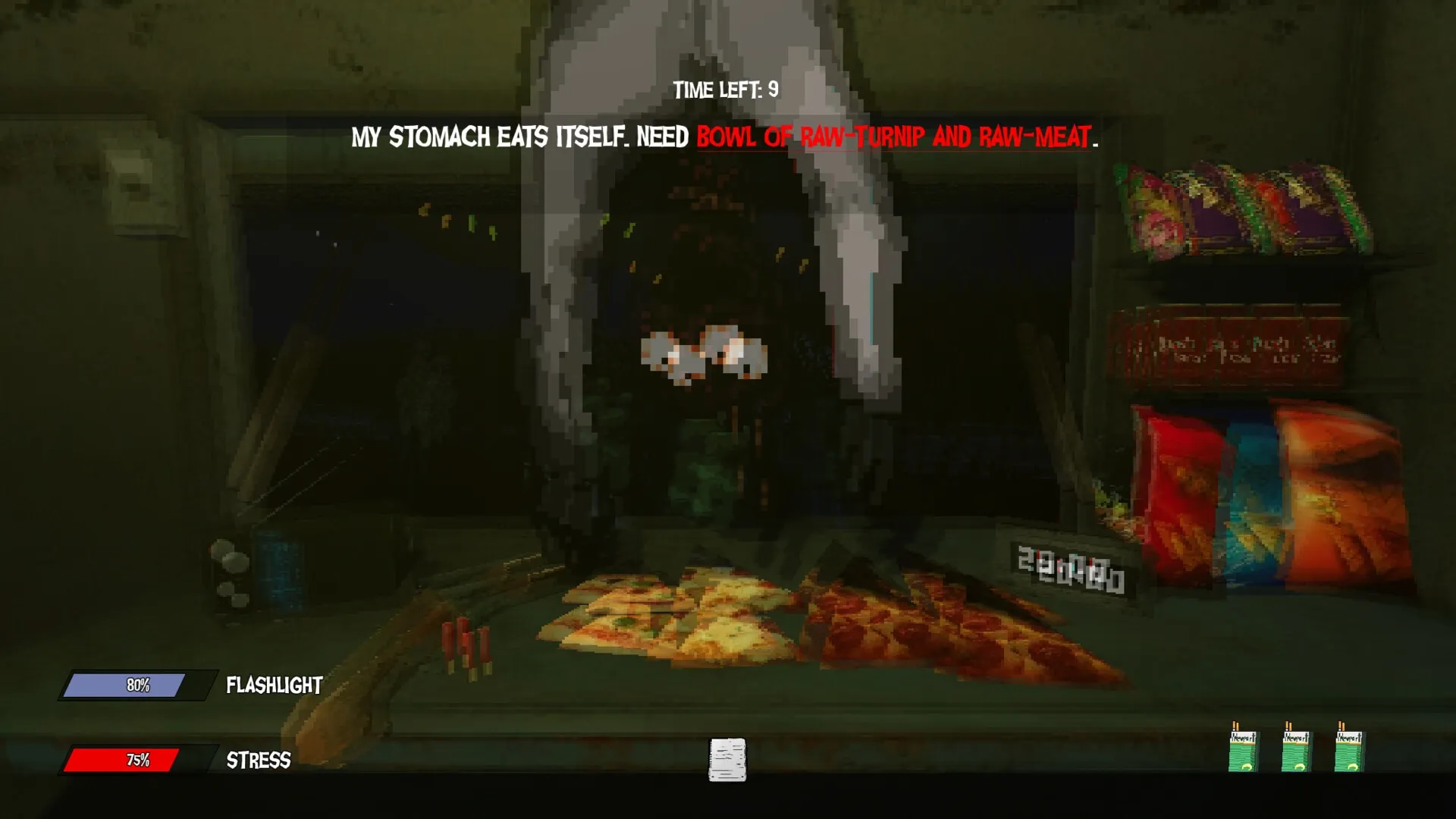 Wasteland Bites: Preparing food in dimly lit truck with mutant nearby, flashlight and stress levels shown.