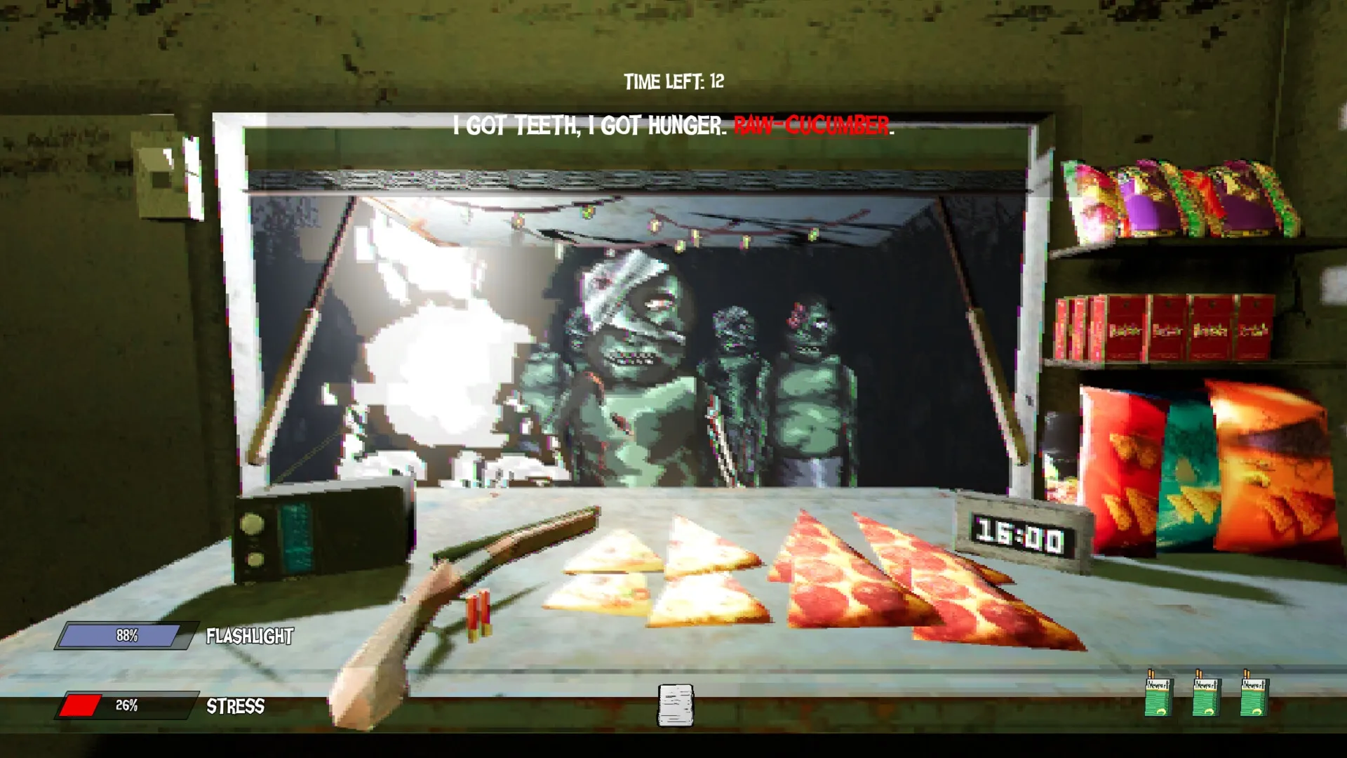 Wasteland Bites: Mutants approaching food truck counter with pizza slices and snacks displayed