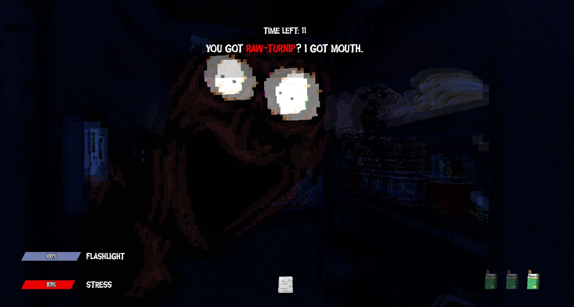 Wasteland Bites: Menacing mutant encounter in a dark food truck with flashlight and stress meters visible