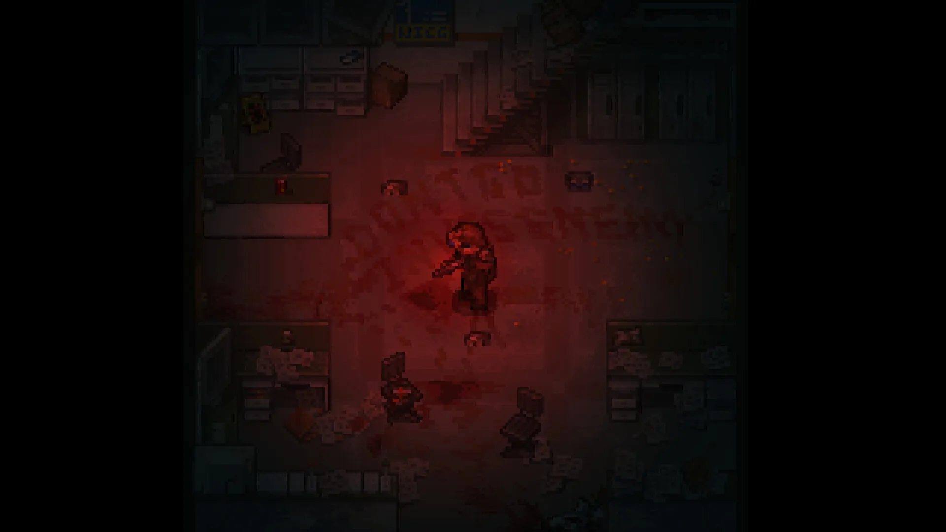 Wasteland Travelers: Character exploring dimly lit room with scattered papers and debris
