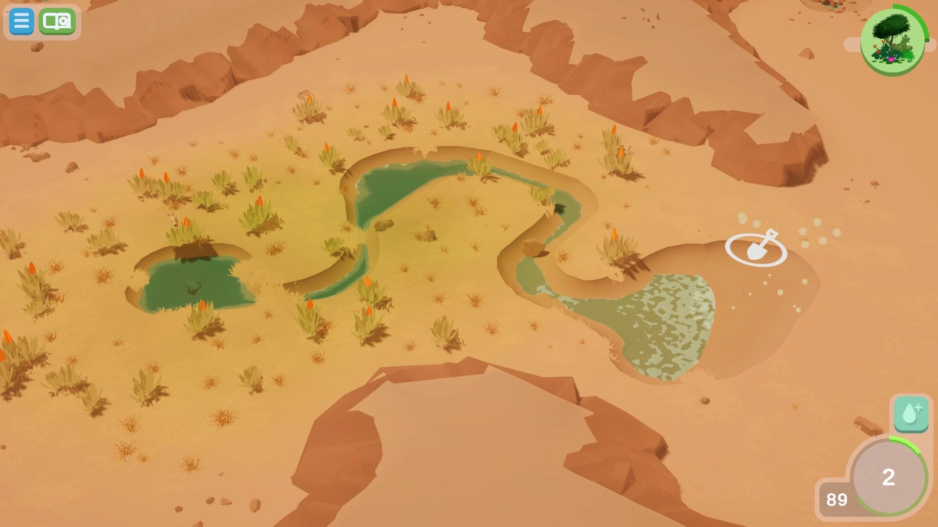 WATERFUL: Carved river channel linking small ponds across sandy valley with plant sprouts and UI icons.