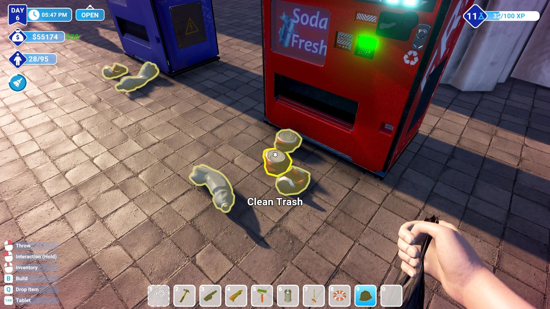 Waterpark Simulator: Cleaning trash by vending machines with visible UI elements and inventory icons