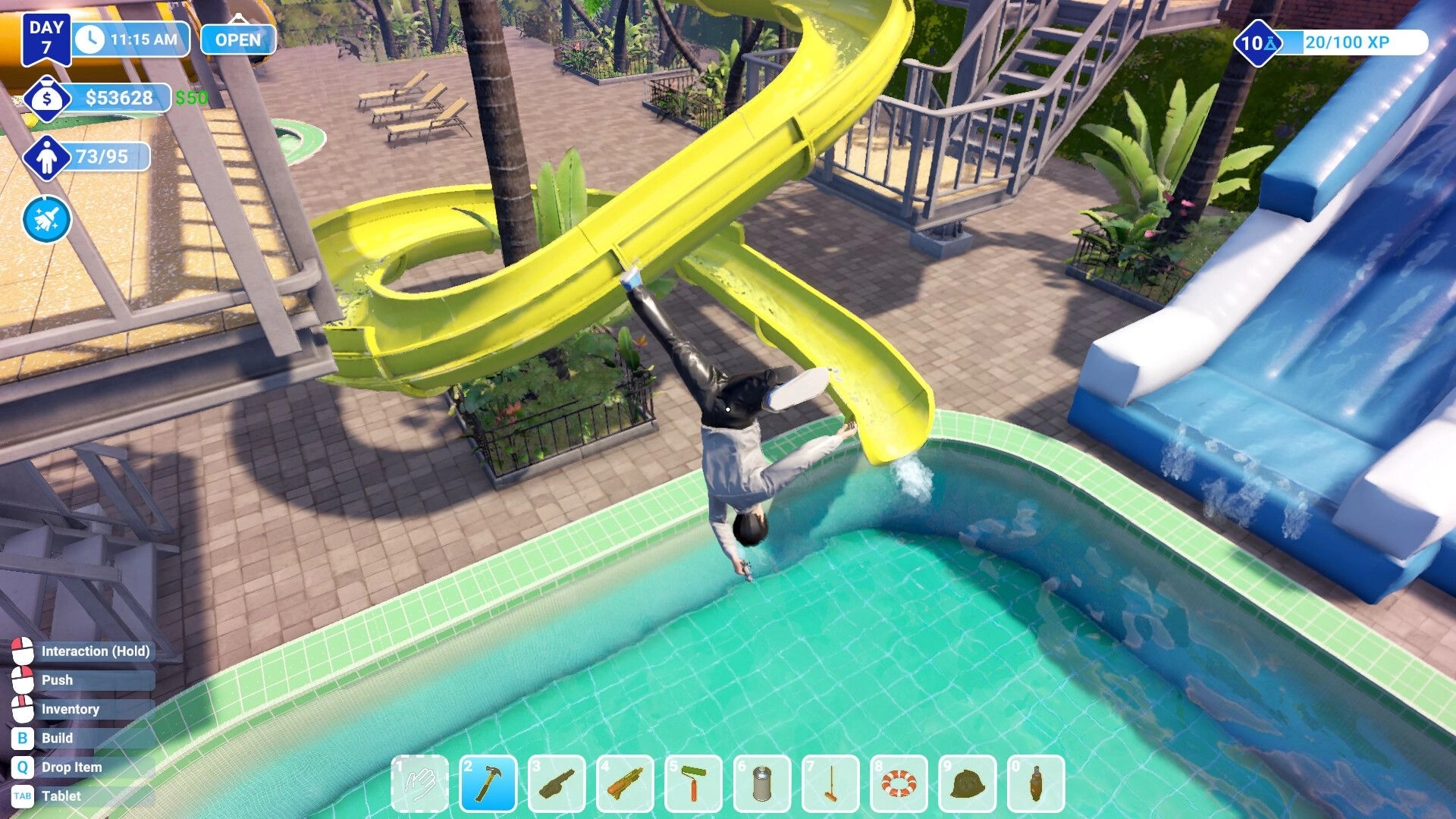 Waterpark Simulator: Guest tumbles headfirst into pool from yellow slide with UI showing cash and stats