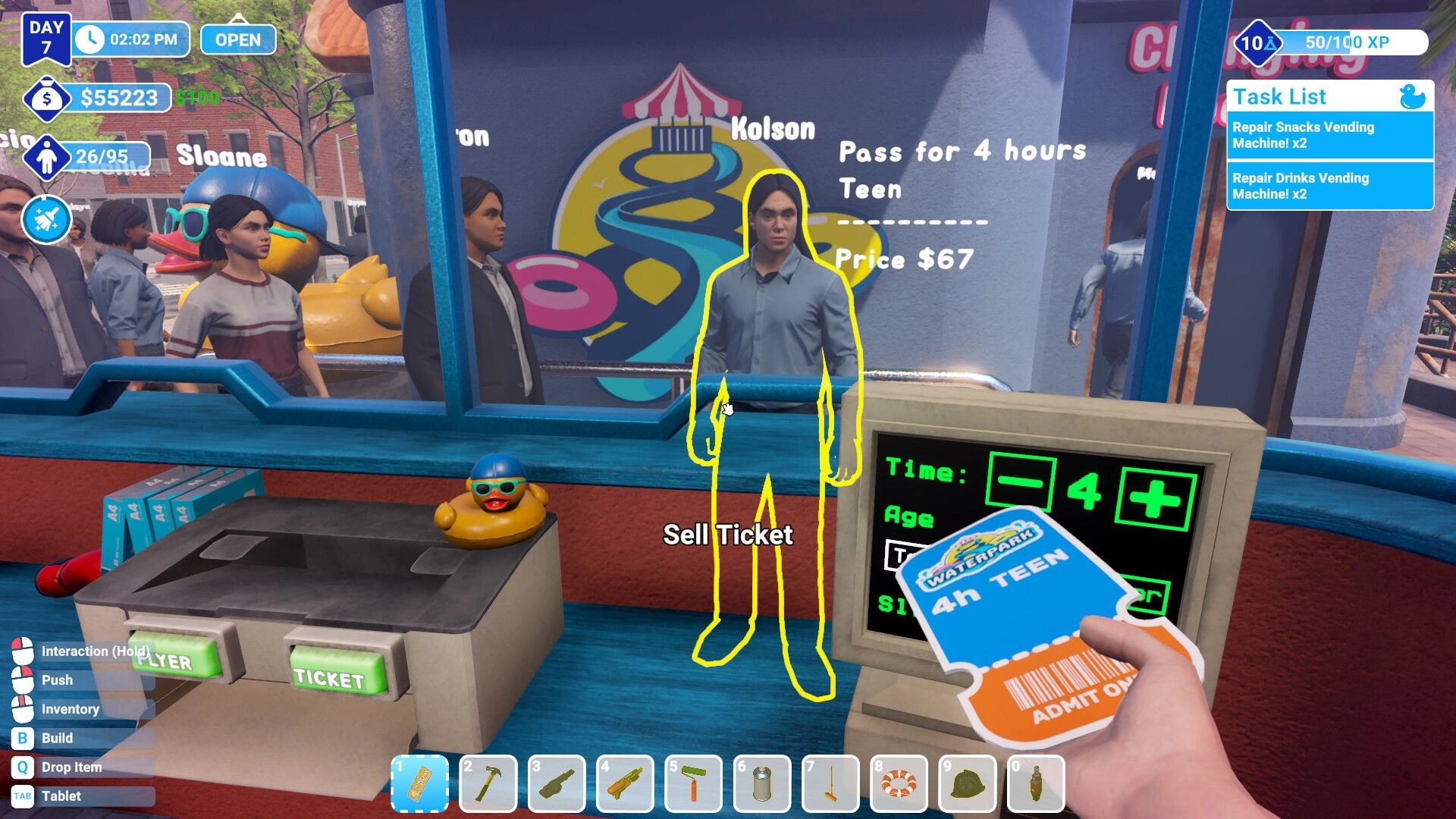 Waterpark Simulator: Selling tickets at the entrance booth with guests queued outside and UI displayed.