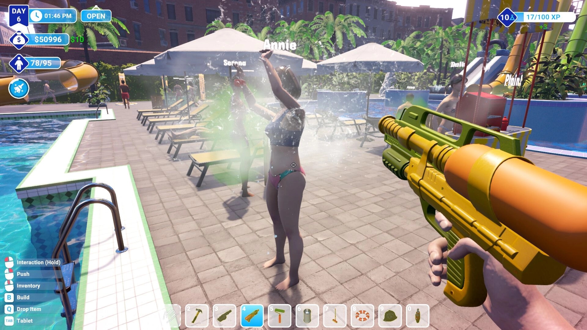Waterpark Simulator: Player uses water gun on guest Annie near pool with UI elements and inventory visible.