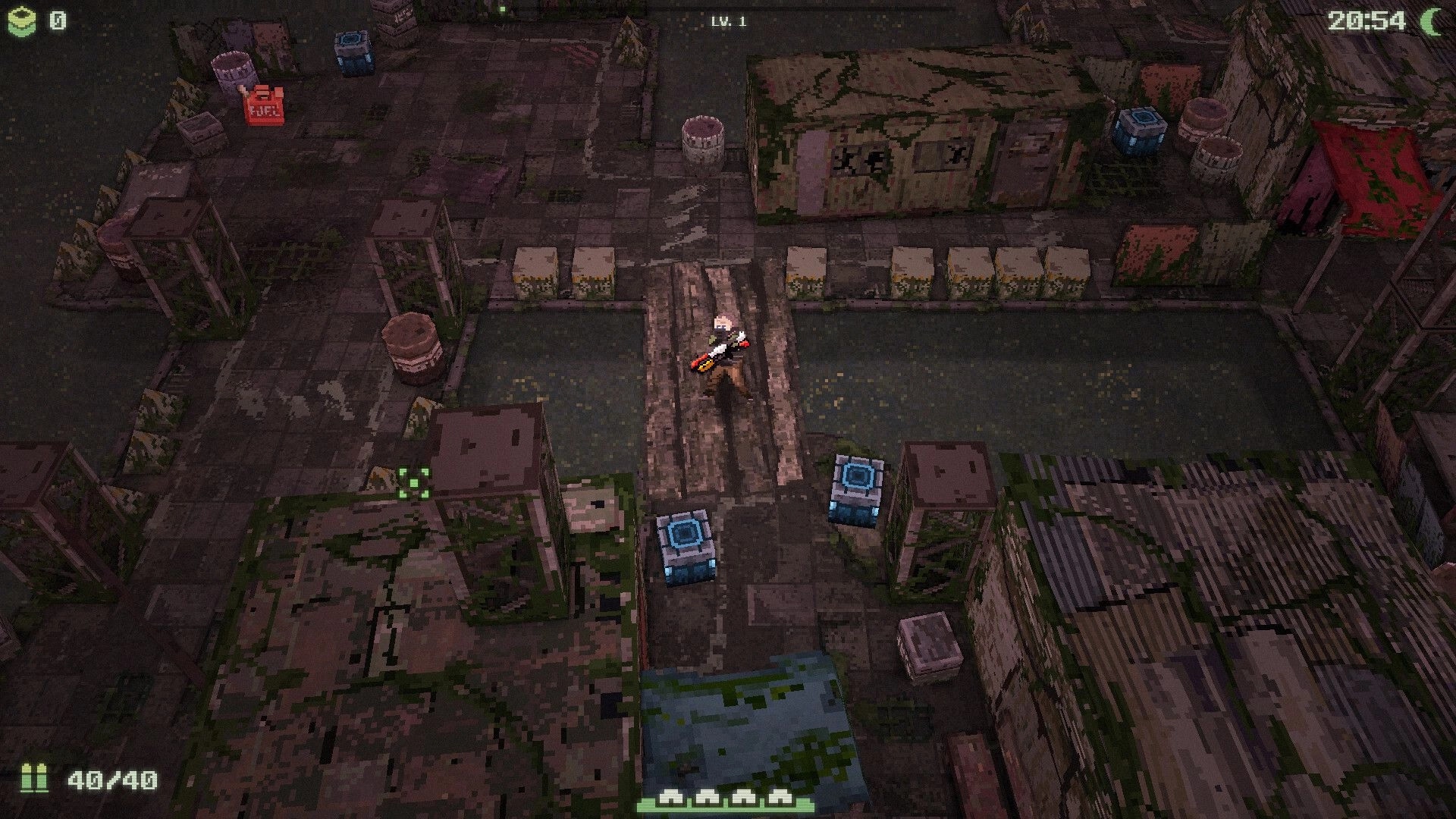 Waterpunk: Player exploring dilapidated structures with a bridge and crates in a post-apocalyptic setting