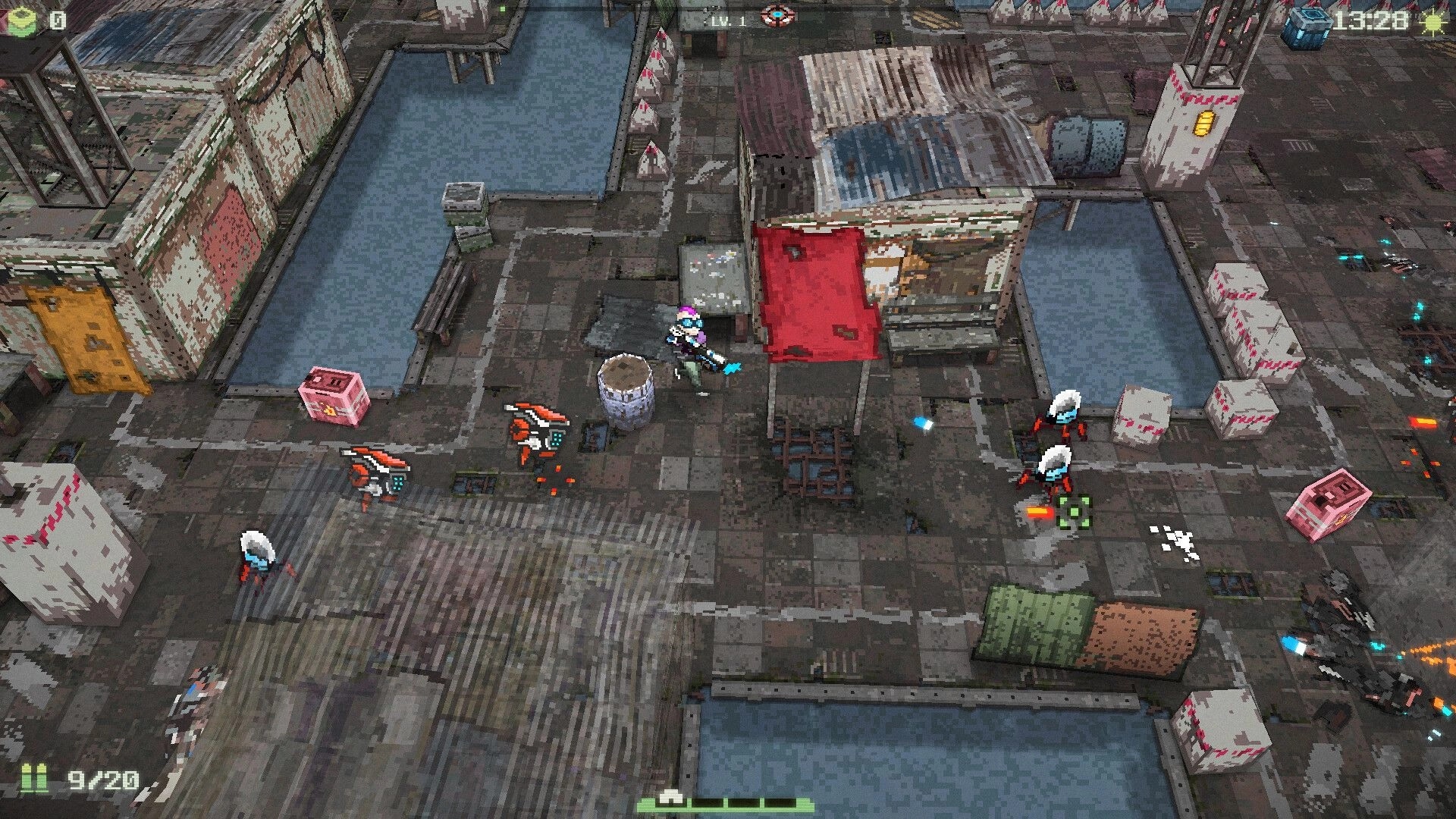 Waterpunk: Top-down view of player battling robots in a rundown, industrial complex with health bar visible.
