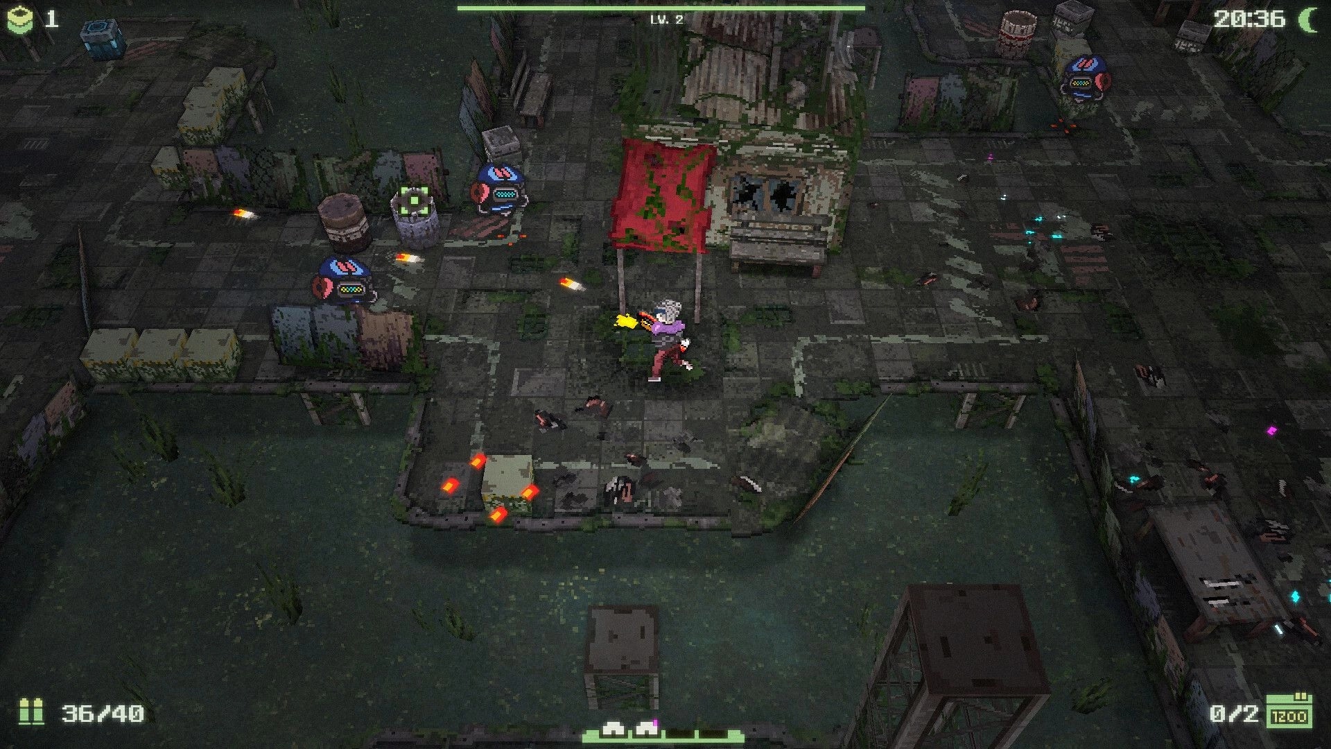 Waterpunk: Player character battling robots in a decayed urban environment with overgrown vegetation