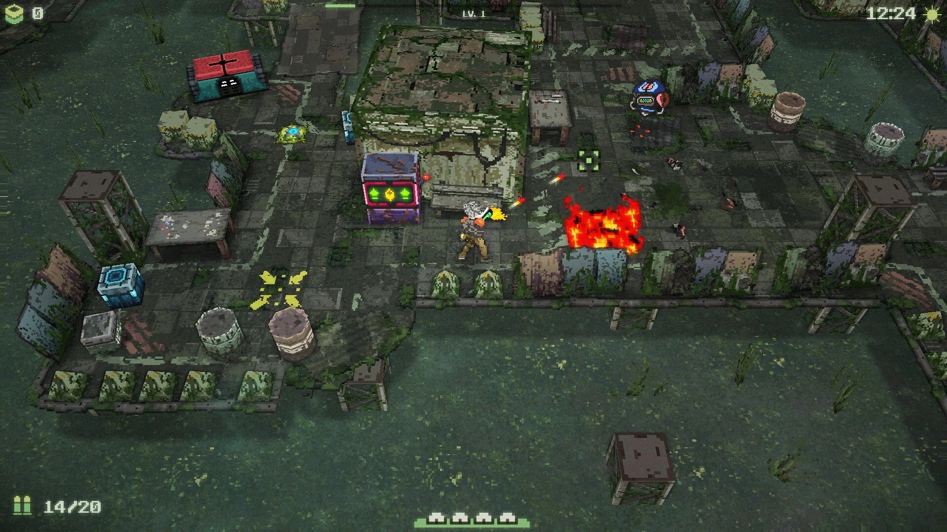 Waterpunk: Character in combat with a robot amidst ruins, with fire and health bar visible