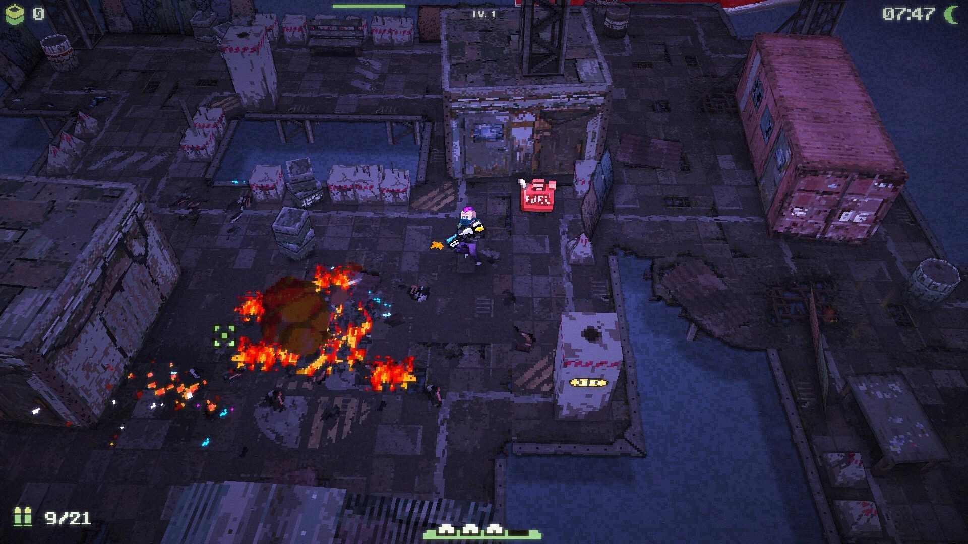 Waterpunk: Character using flamethrower against enemies in an industrial dock setting at night.