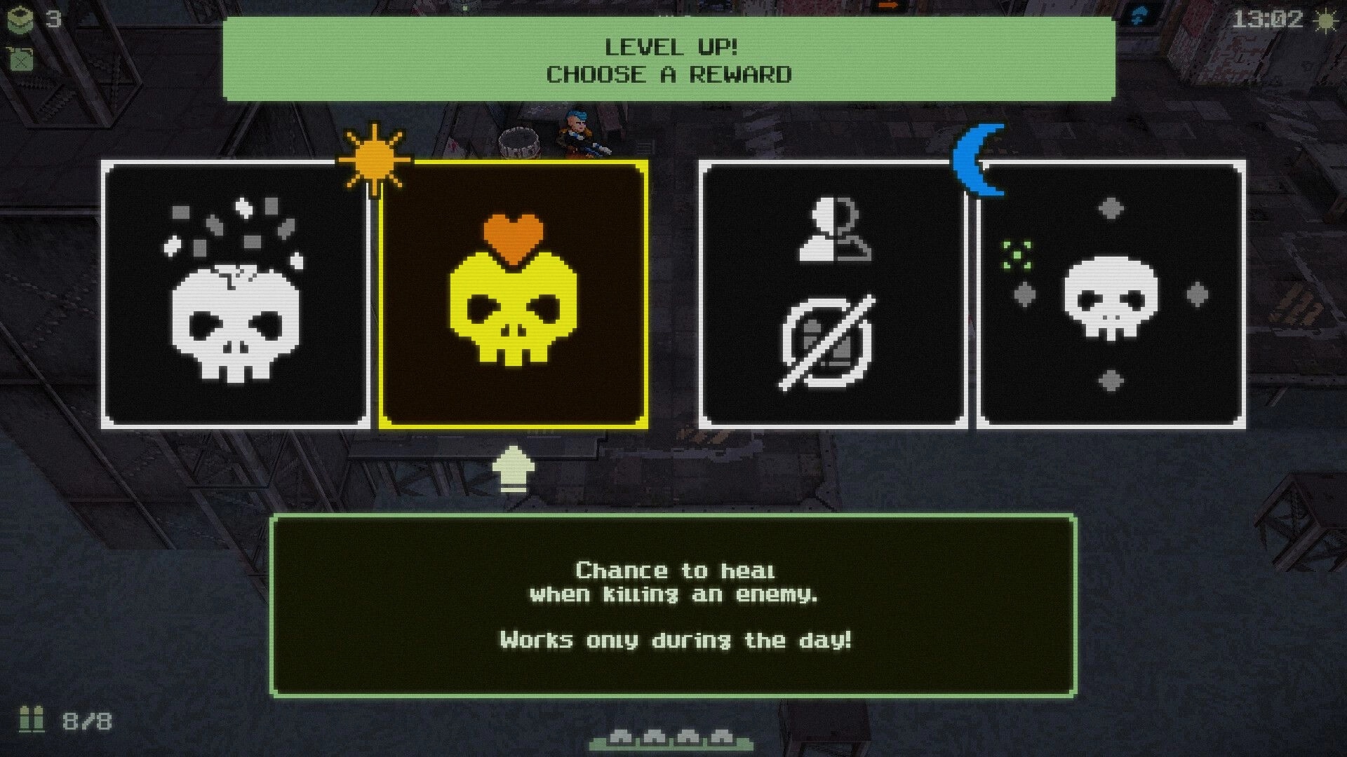 Waterpunk: Level up reward selection screen showing ability icons with day and night effects in ruins.