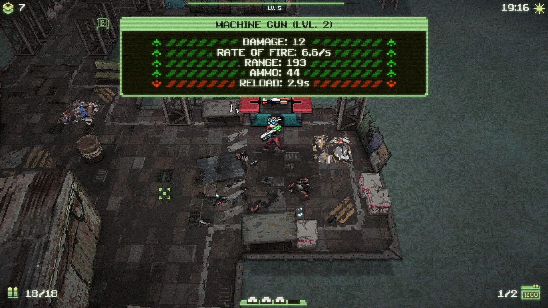 Waterpunk: Character in workshop with machine gun stats overlay in post-apocalyptic industrial setting