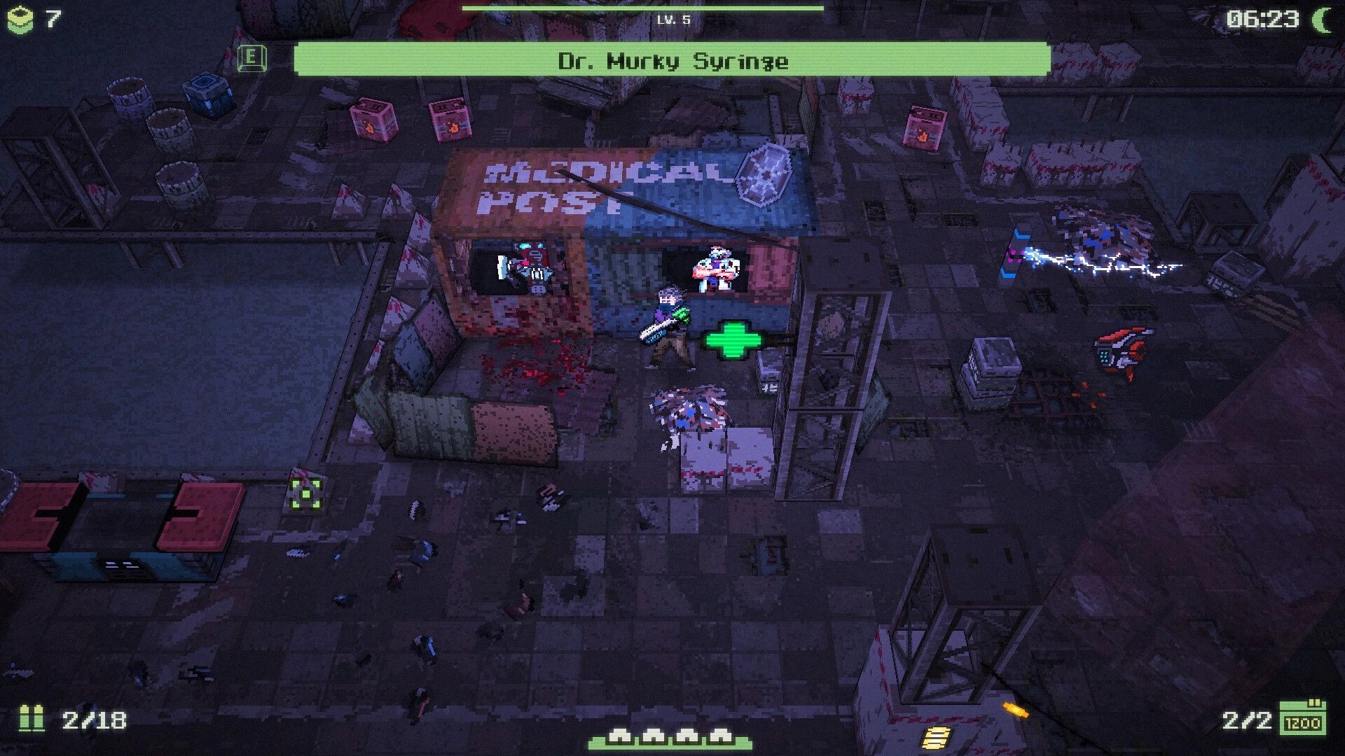 Waterpunk: Dr. Murky Syringe at medical post with player and enemies in post-apocalyptic industrial area