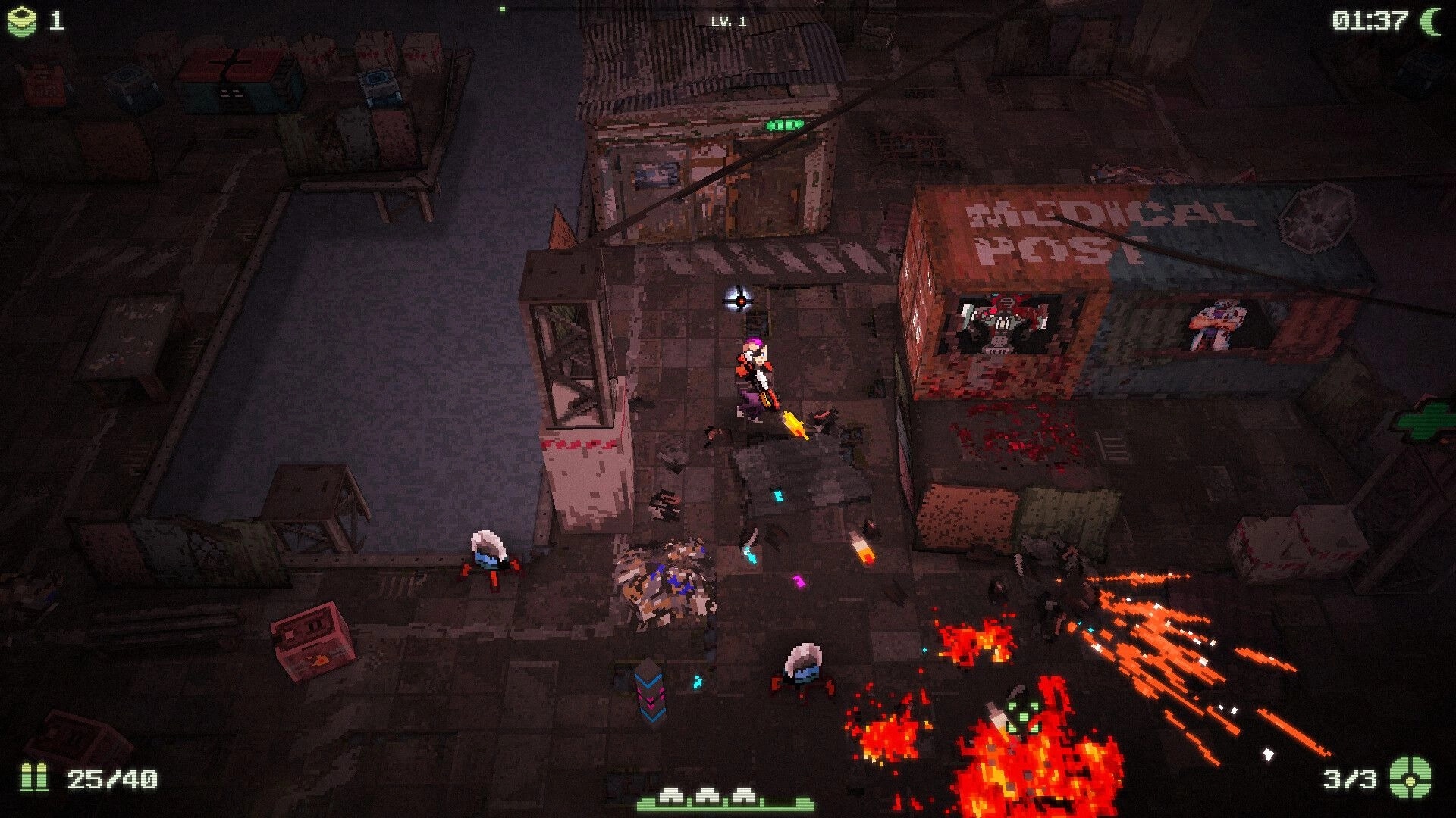 Waterpunk: Player character in combat with enemies near a Medical Post in a post-apocalyptic urban setting.