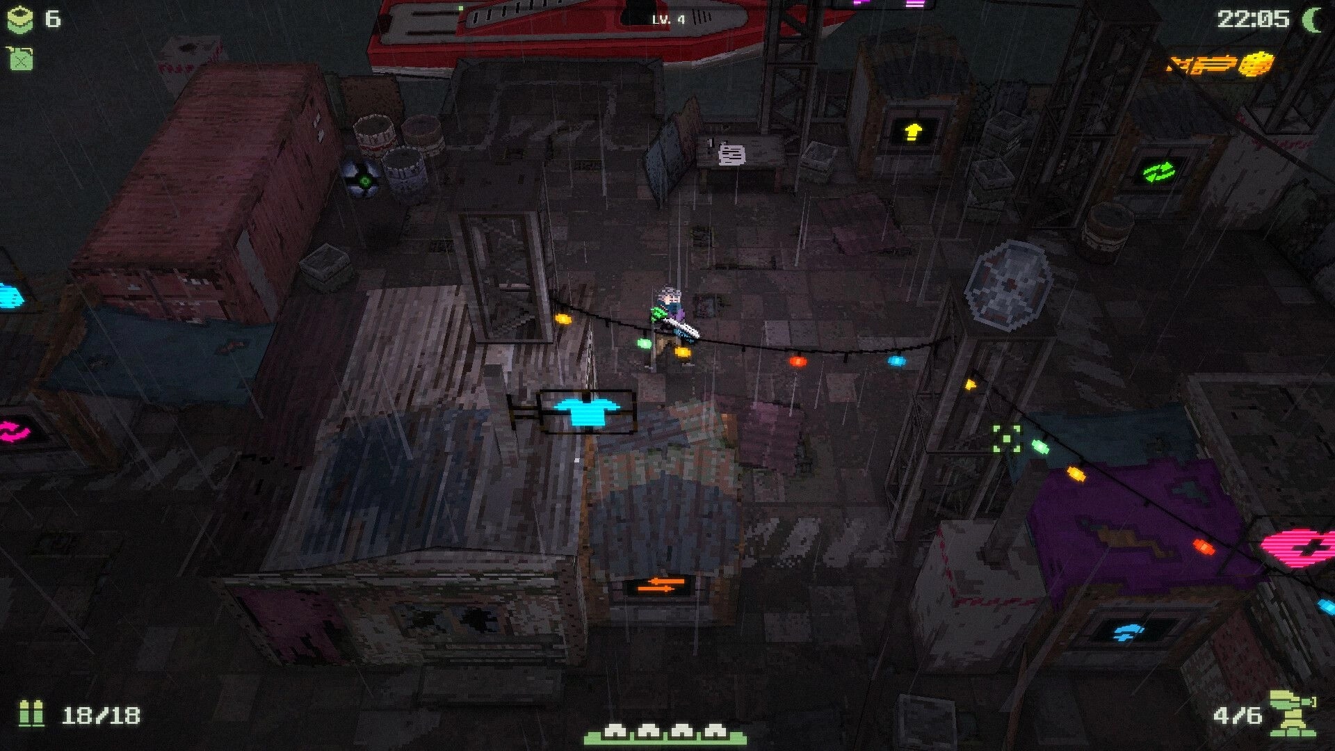 Waterpunk: Character with chainsaw explores a rain-soaked shantytown with colorful lights at night