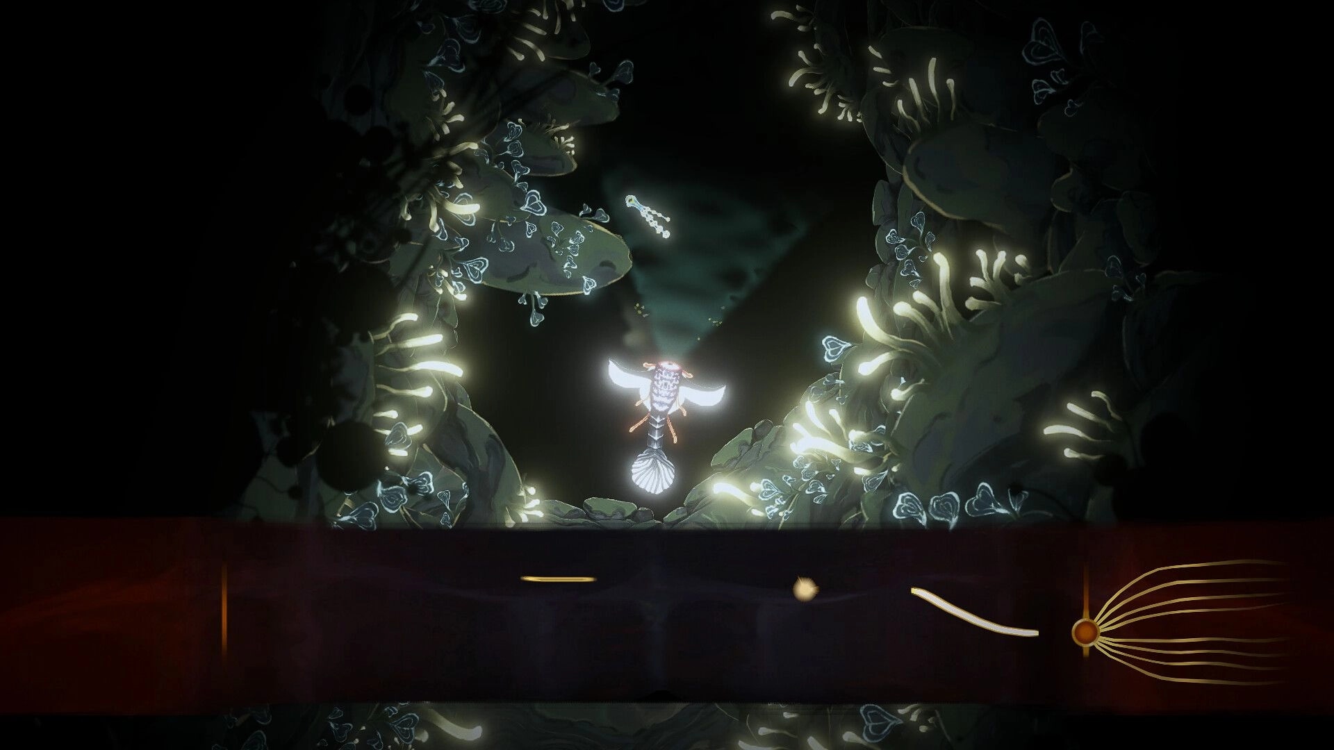 Wavekin: Glowing creature explores luminescent underwater cave with mysterious symbols and light trails