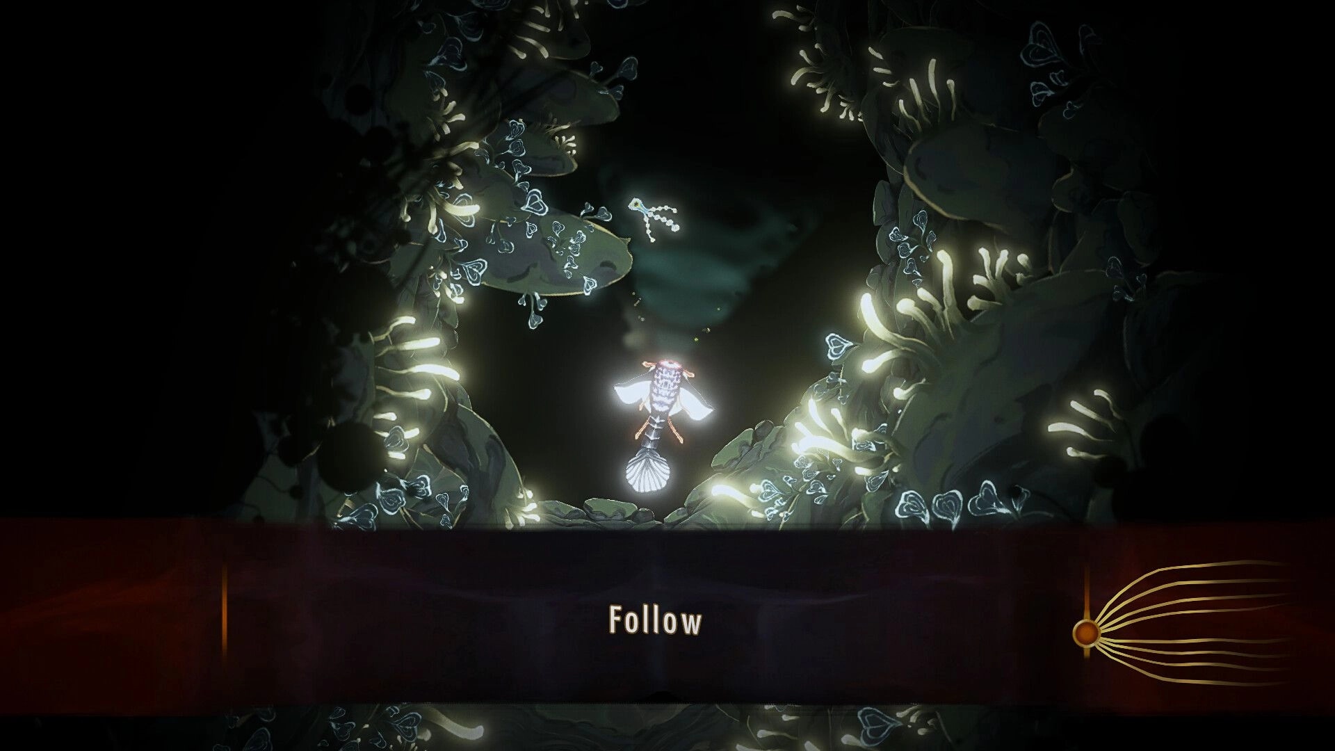 Wavekin: Main character follows glowing creature through dark underwater cave with bioluminescent plants