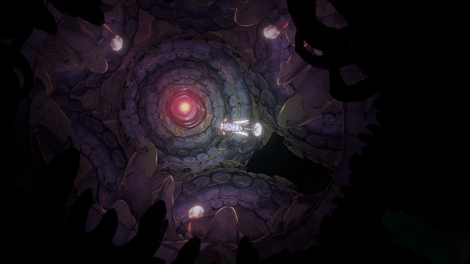 Wavekin: Fish swimming towards glowing red orb in a spiral stone tunnel with bioluminescent plants