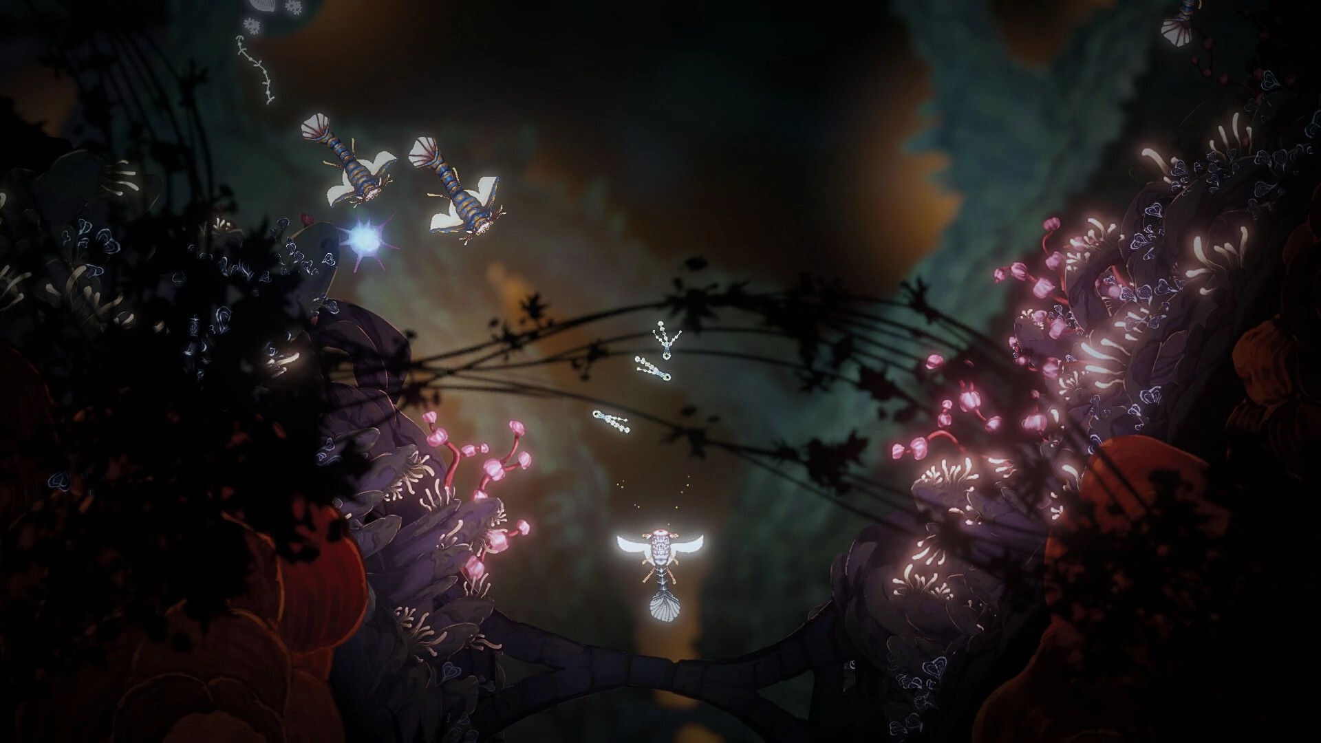 Wavekin: Player character dives among glowing coral and fish in a luminescent underwater cavern.