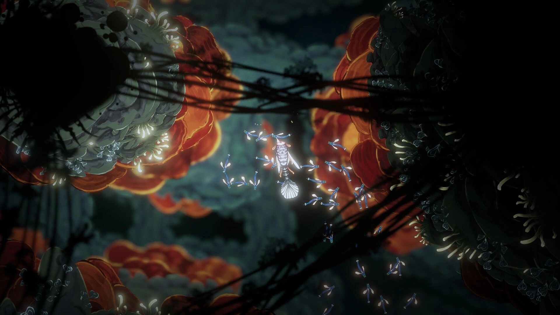 Wavekin: Diver surrounded by glowing fish in a vibrant coral reef with shadowy branches overhead