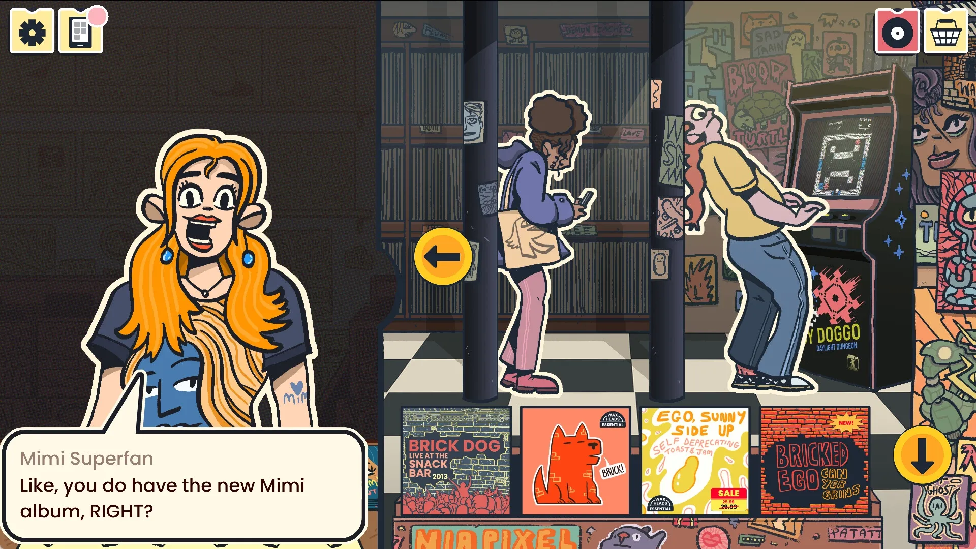 Wax Heads: Mimi Superfan chatting in record store as two customers browse vinyls and play arcade game.