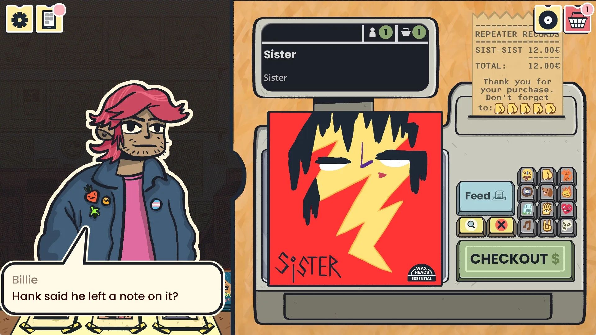 Wax Heads: Billie chats about a note; checkout screen shows Sister album and quirky interface icons