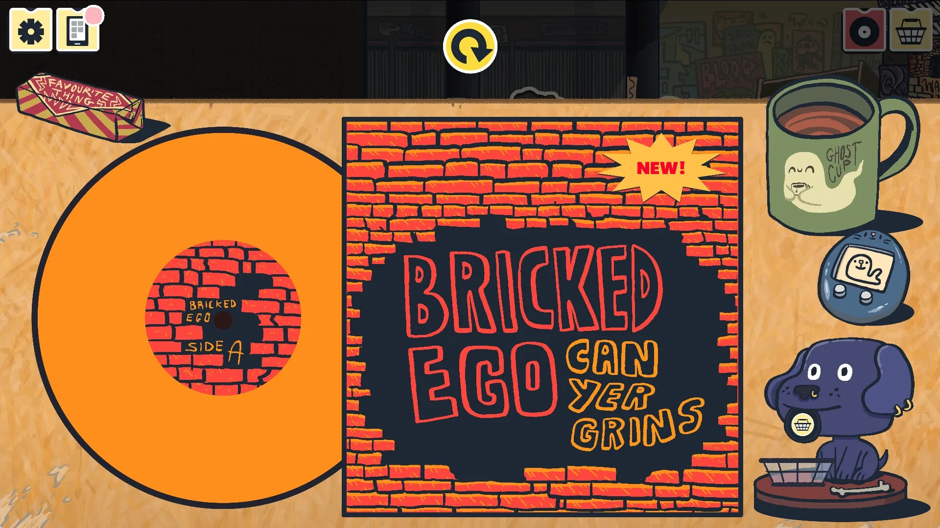 Wax Heads: Display of "Bricked Ego" vinyl with ghost mug and dog figurine on record store counter.