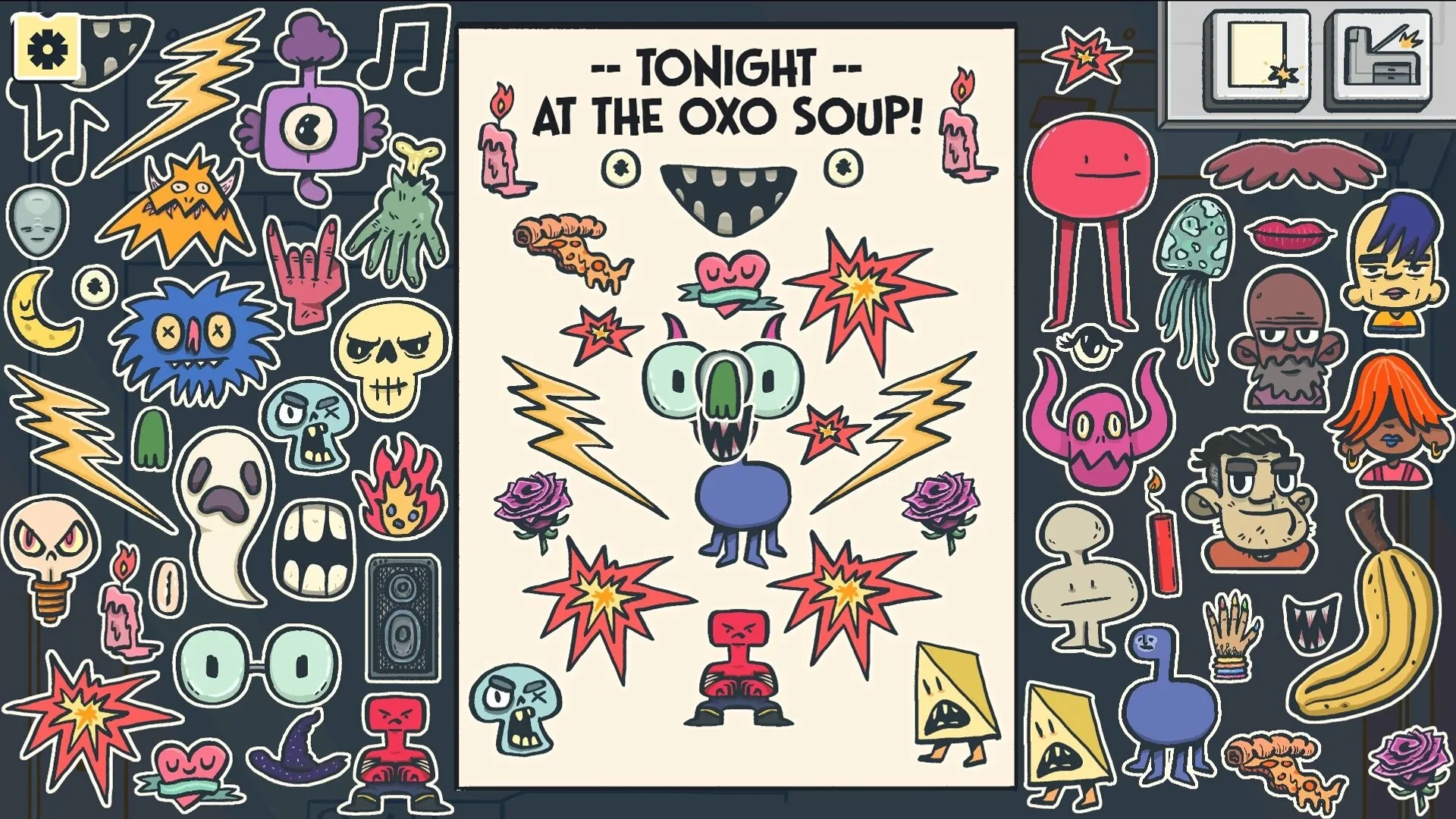 Wax Heads: Quirky sticker collection and band poster in a vibrant record store setting