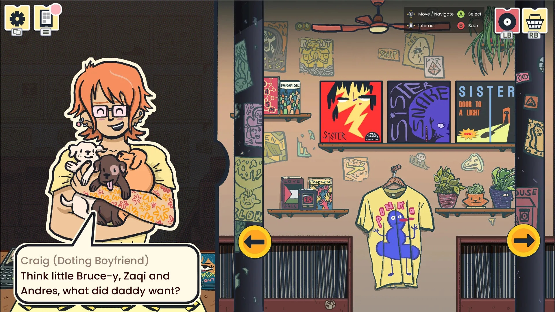 Wax Heads: Craig cuddles puppies in store, surrounded by band posters and records, UI shows controls