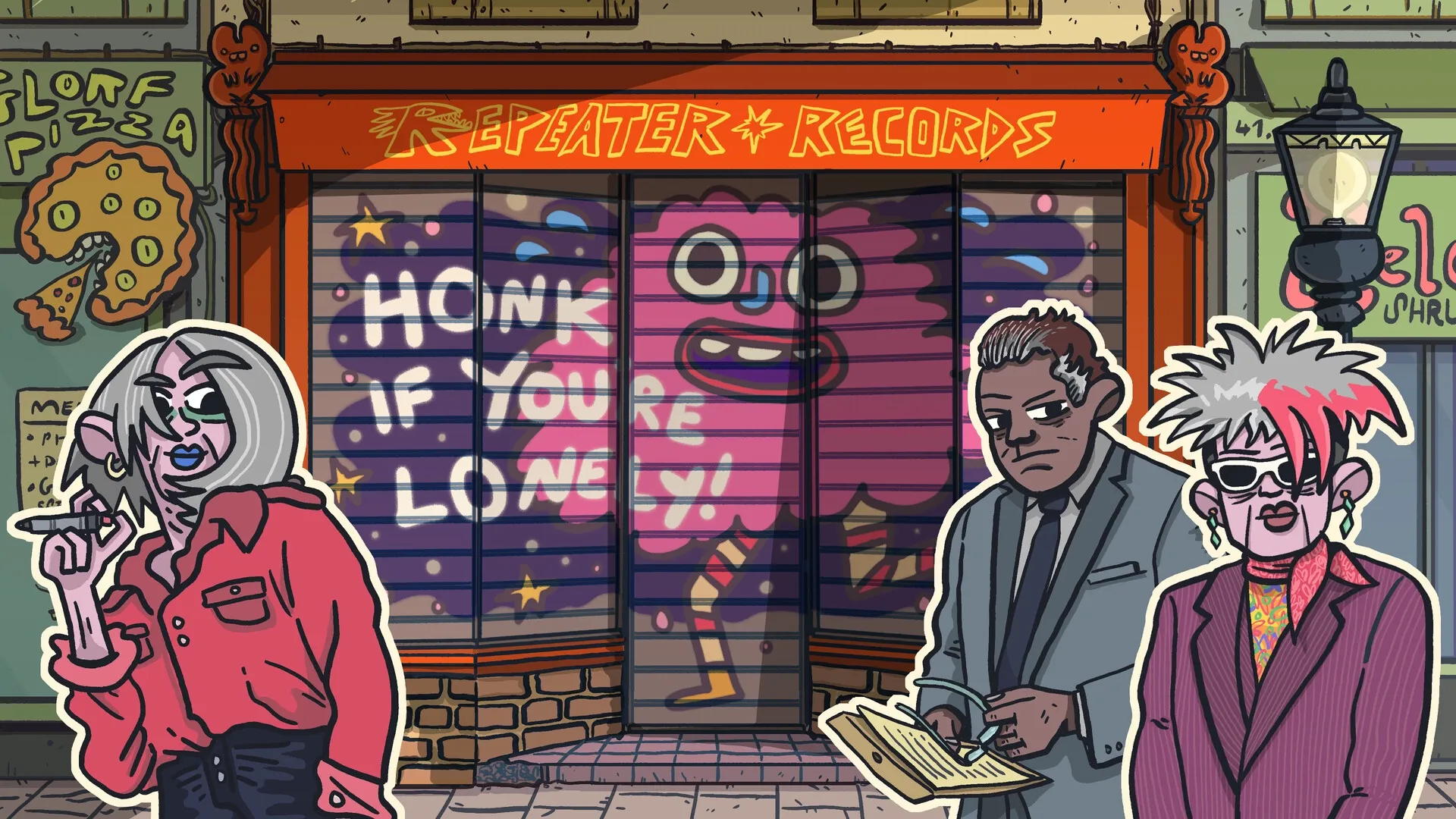 Wax Heads: Three quirky characters stand outside Repeater Records, a colorful record store facade.