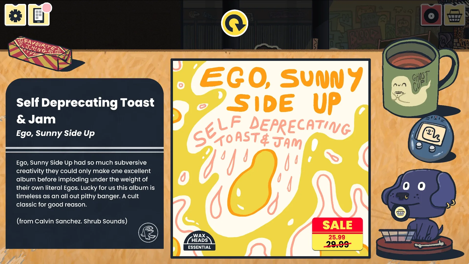 Wax Heads: Album review interface featuring "Self Deprecating Toast & Jam" on sale with quirky decor.