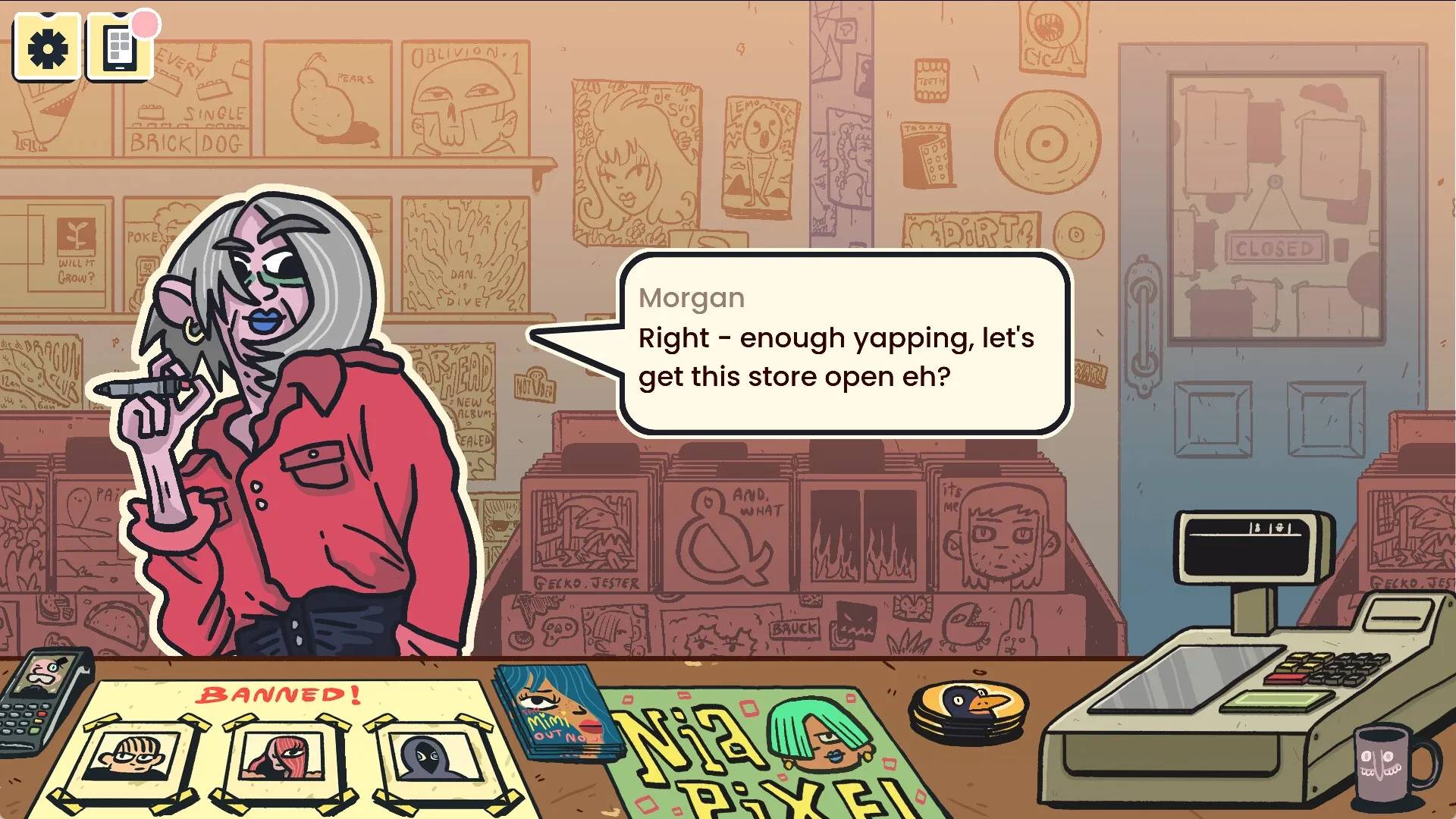 Wax Heads: Morgan chats behind the counter, surrounded by records and quirky posters in the store.