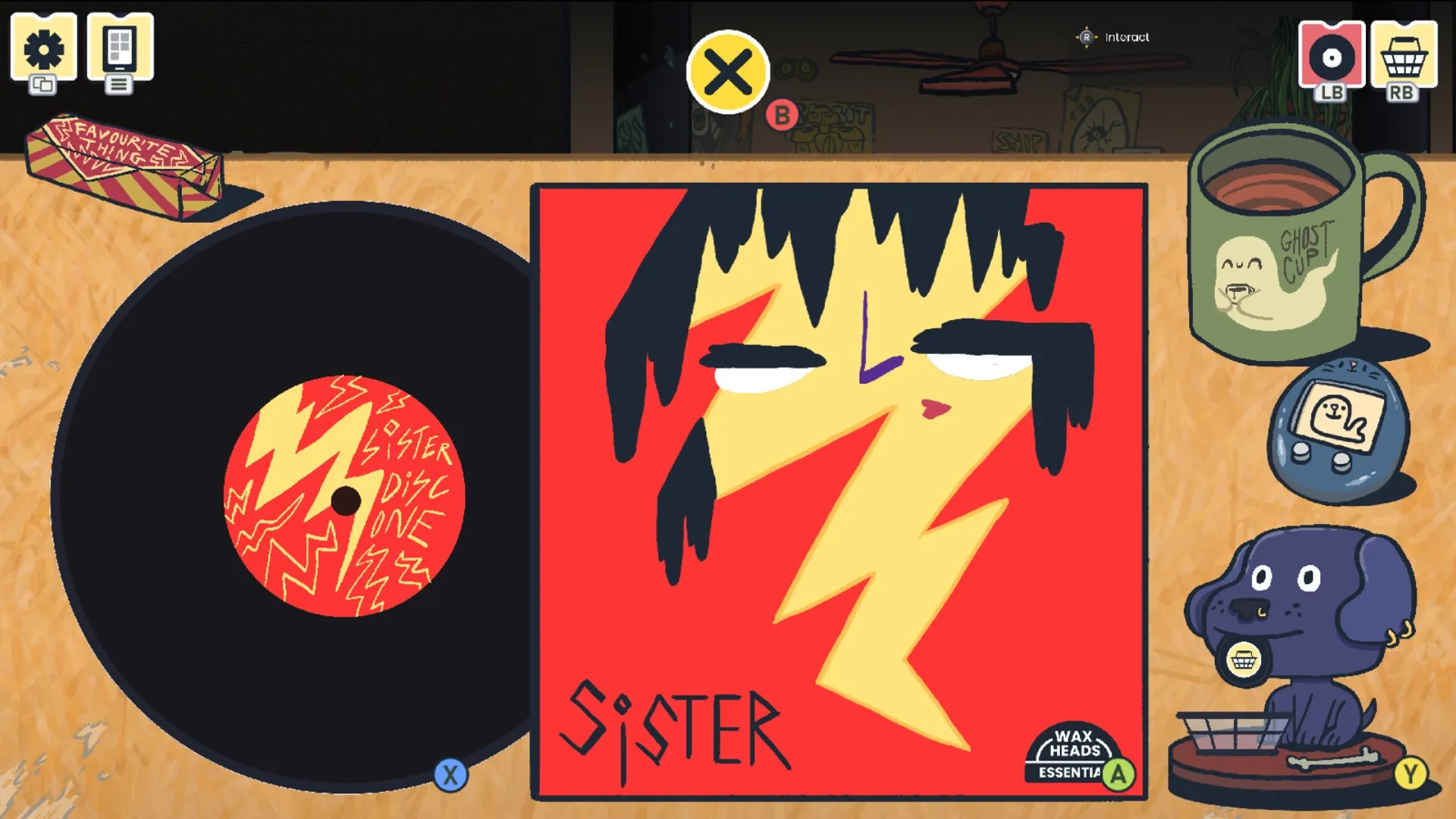 Wax Heads: Viewing vinyl record and cover art on store counter with quirky items and UI icons visible.