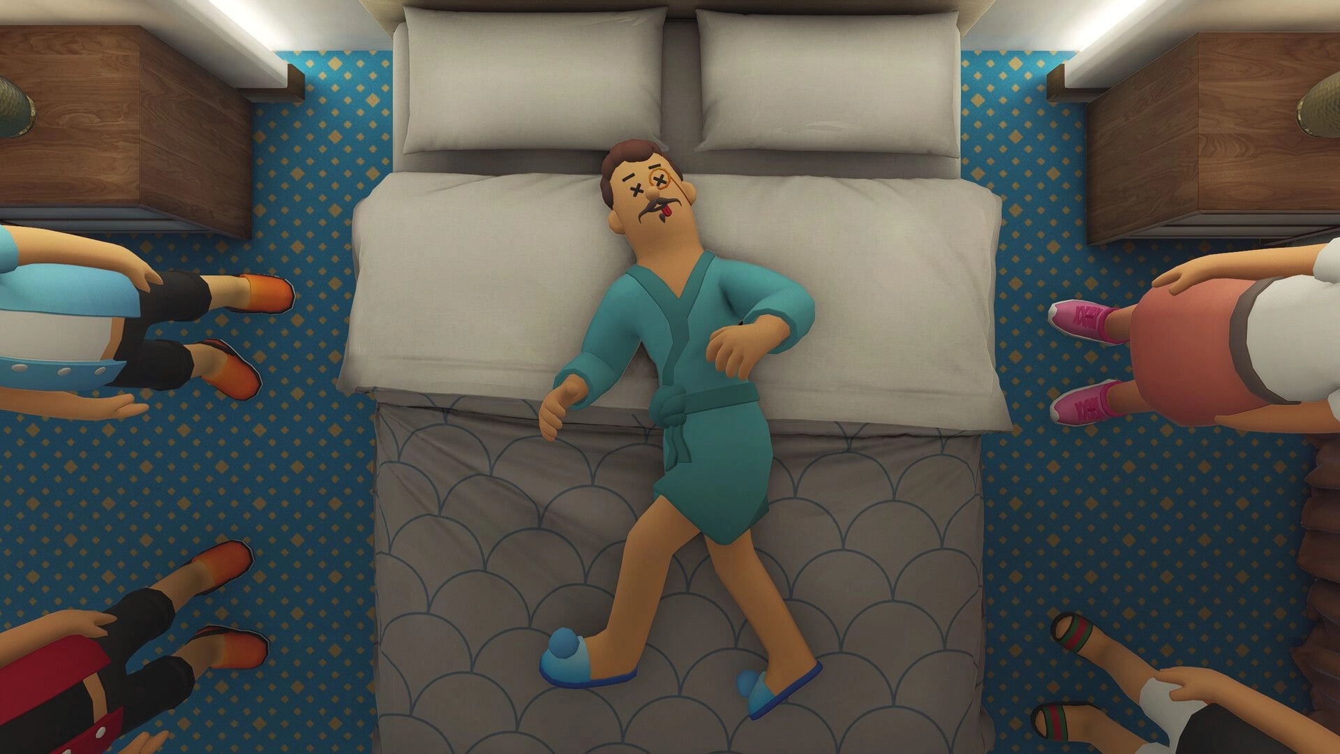 We Are So Cooked: Unconscious man sprawled on bed as four players surround him in a hotel room.