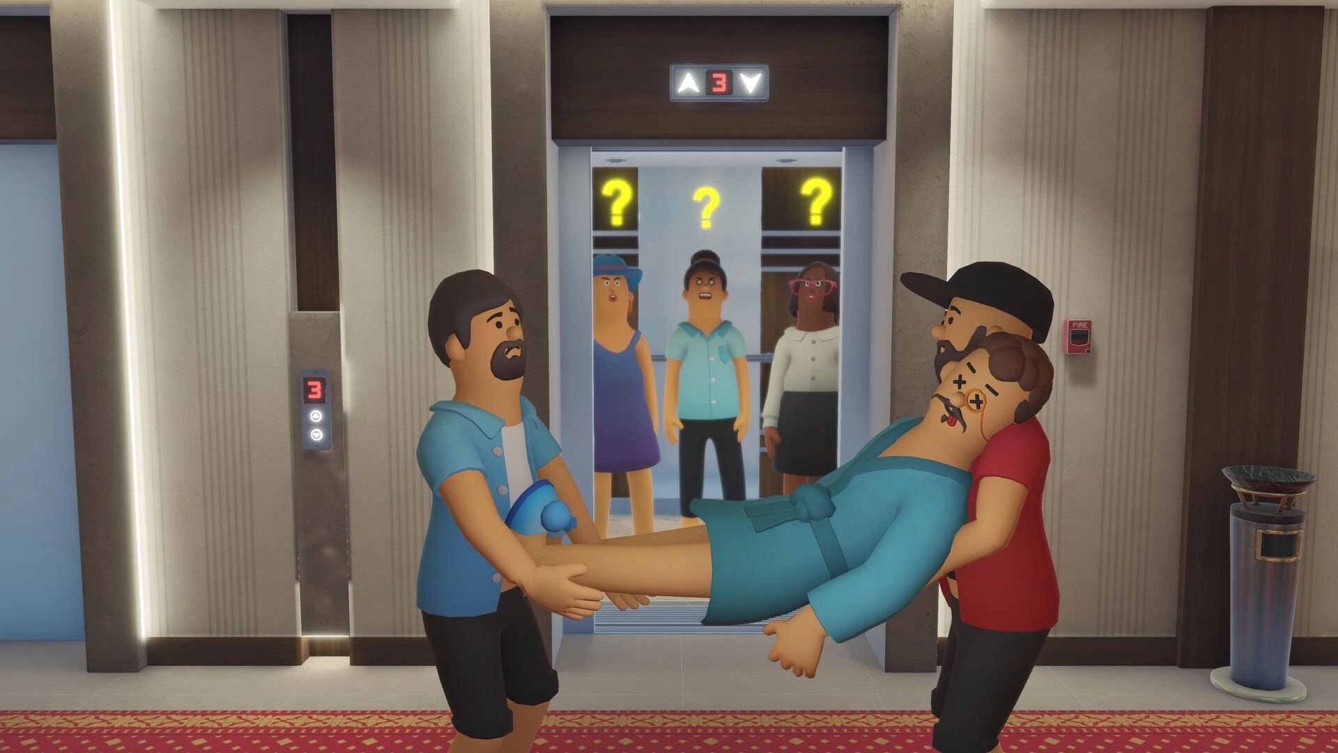 We Are So Cooked: Two players carry a limp body past an open elevator in a hotel hallway on floor 3.