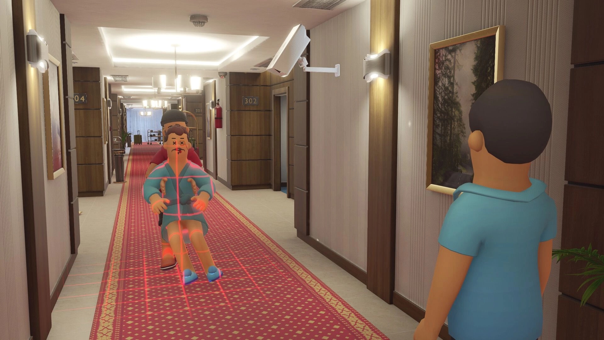 We Are So Cooked: Player drags a limp body down a hotel hallway with room numbers and CCTV cameras.
