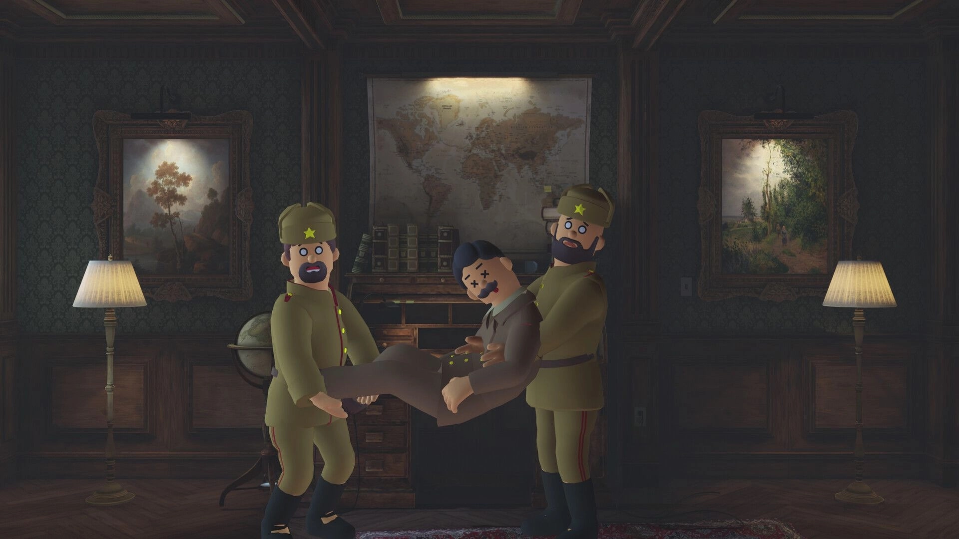 We Are So Cooked: Two uniformed soldiers carry an unconscious man in a dim office with map wall.