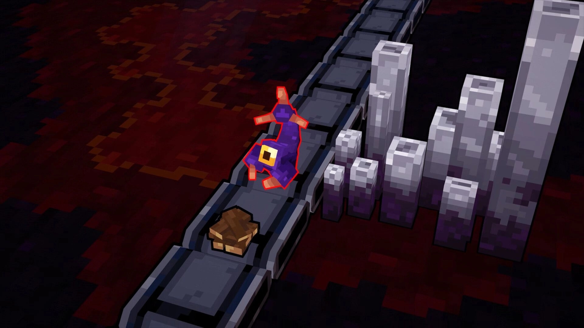 We Build Below: Purple one-eyed parasite on conveyor belt beside tall white crystal pillars on red terrain.