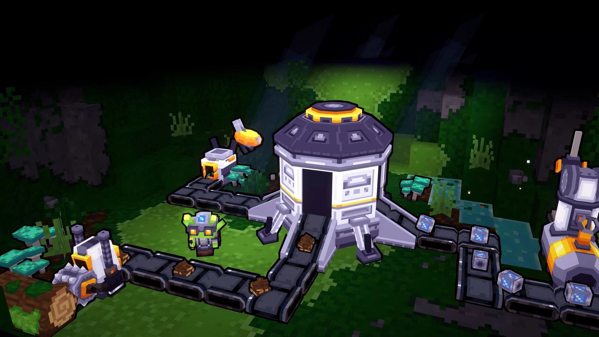 We Build Below: Conveyor belts feed ore into a central hub on a grassy alien clearing with drills.