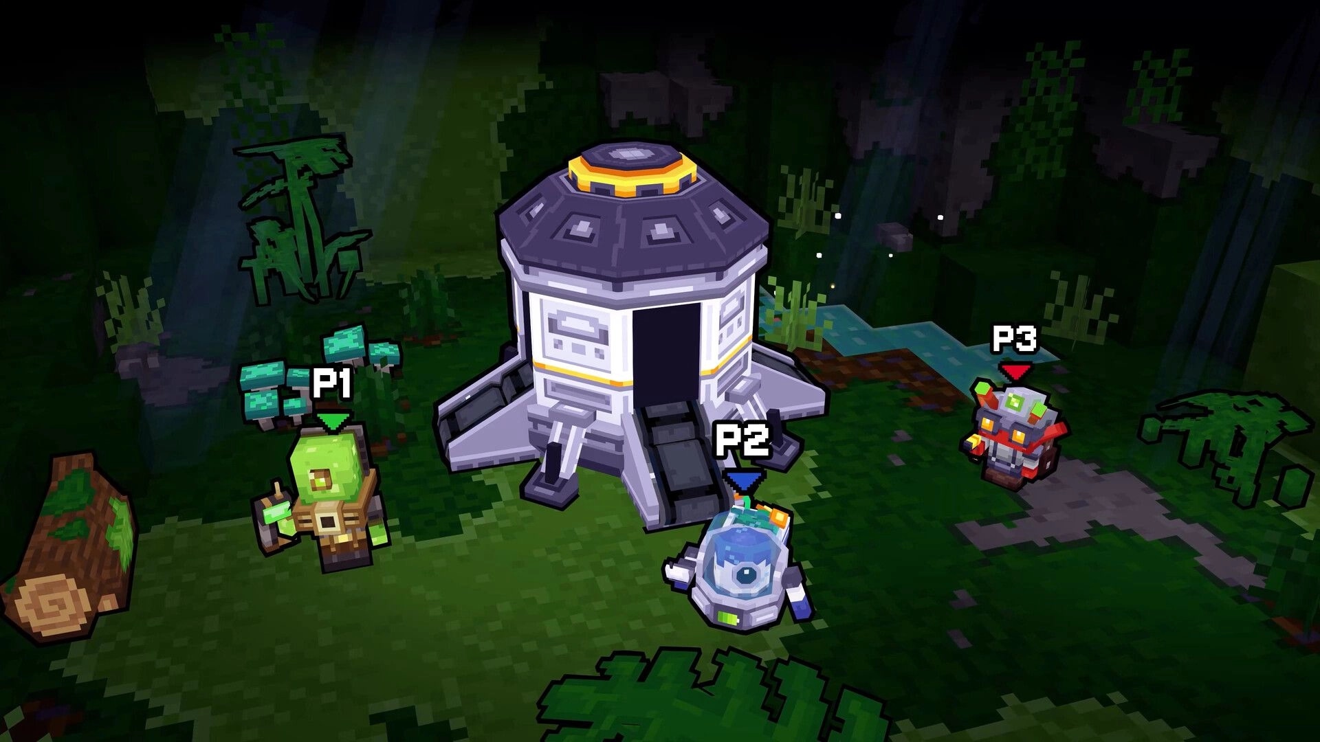 We Build Below: P1, P2, and P3 gather by a landing pod in a lush alien jungle clearing.