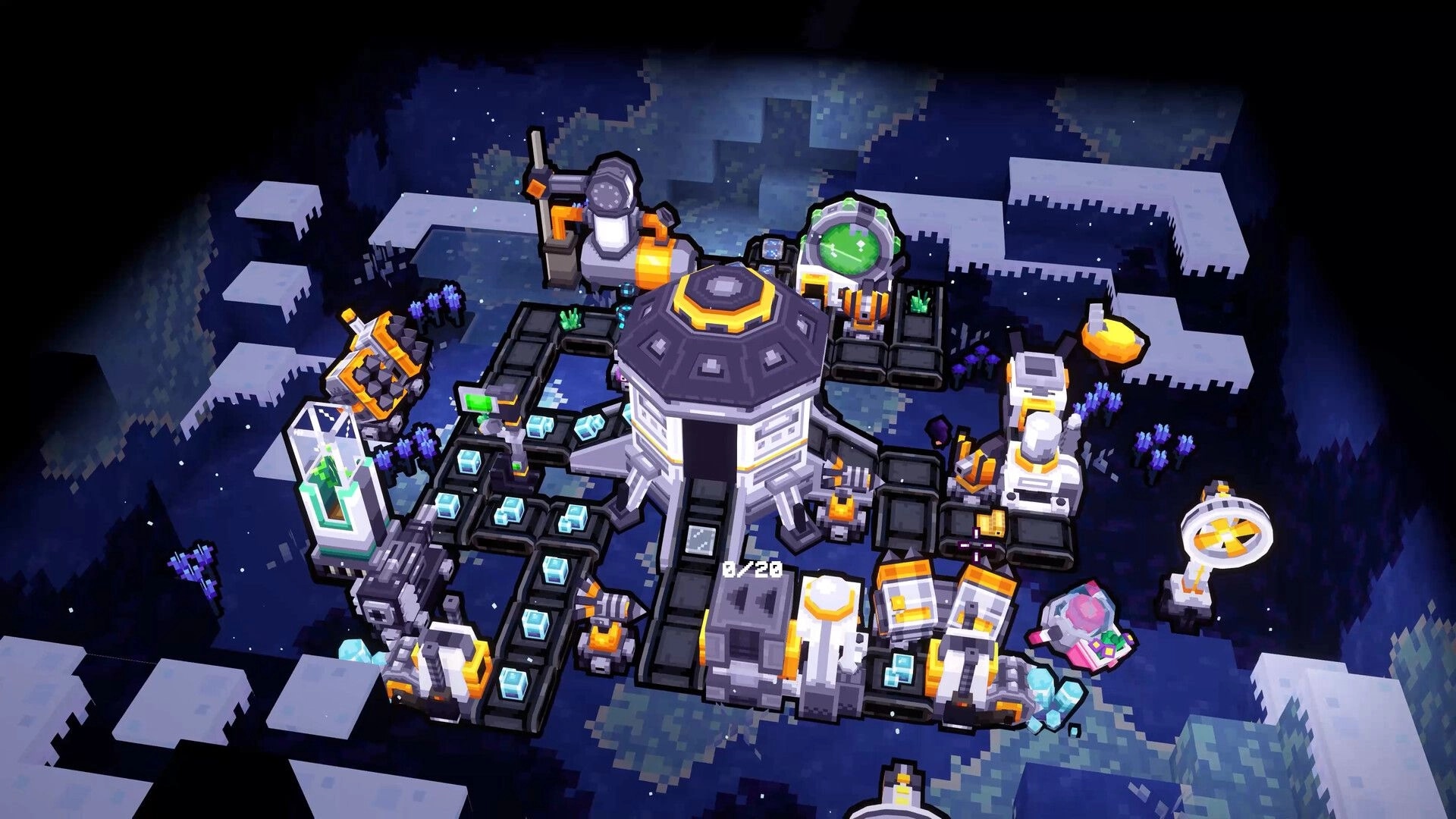 We Build Below: Automated base with conveyors and machines around a hub on a dark alien cavern floor.