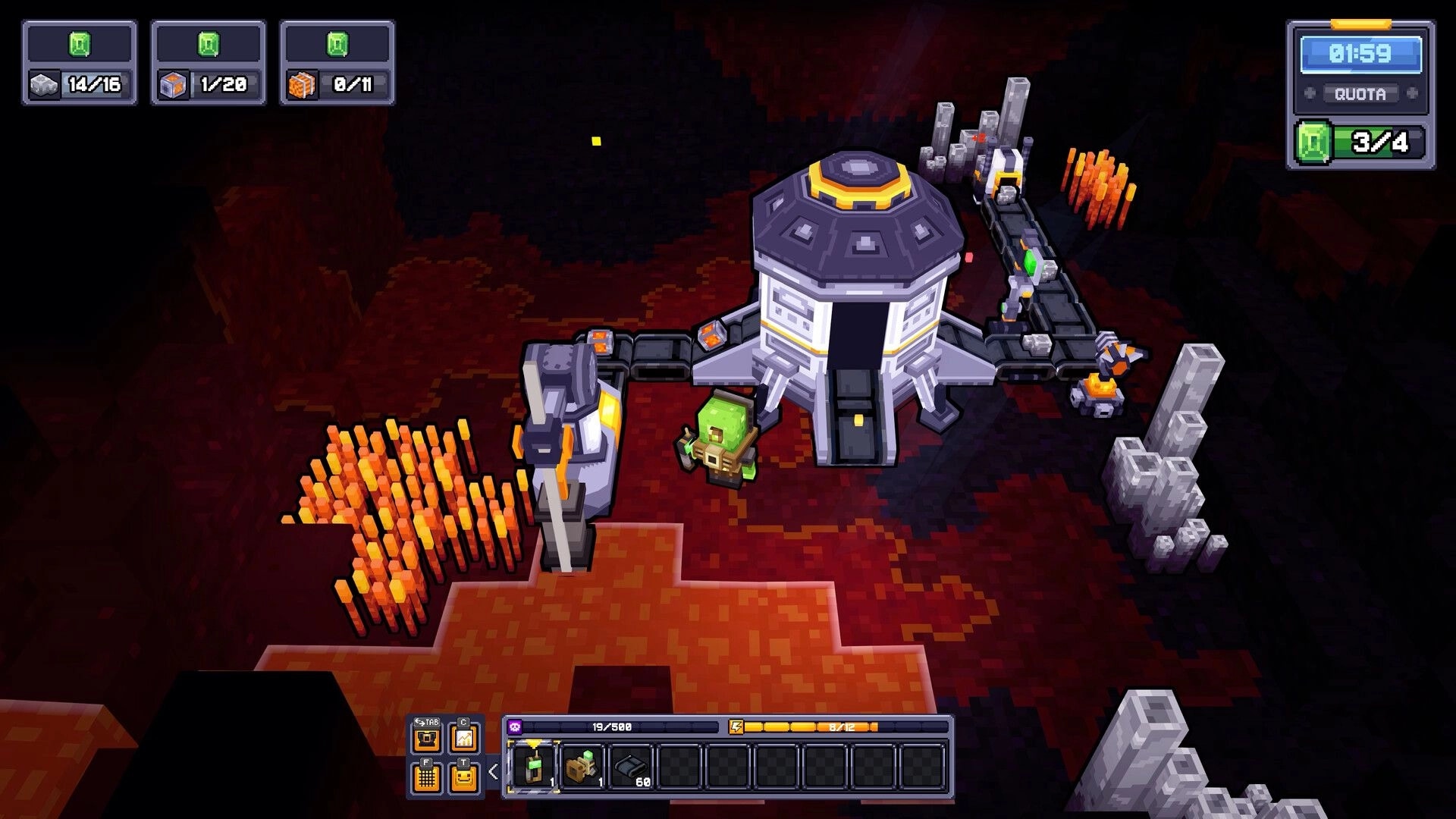 We Build Below: Miner stands by central hub with conveyors and drills in a red lava cave base.