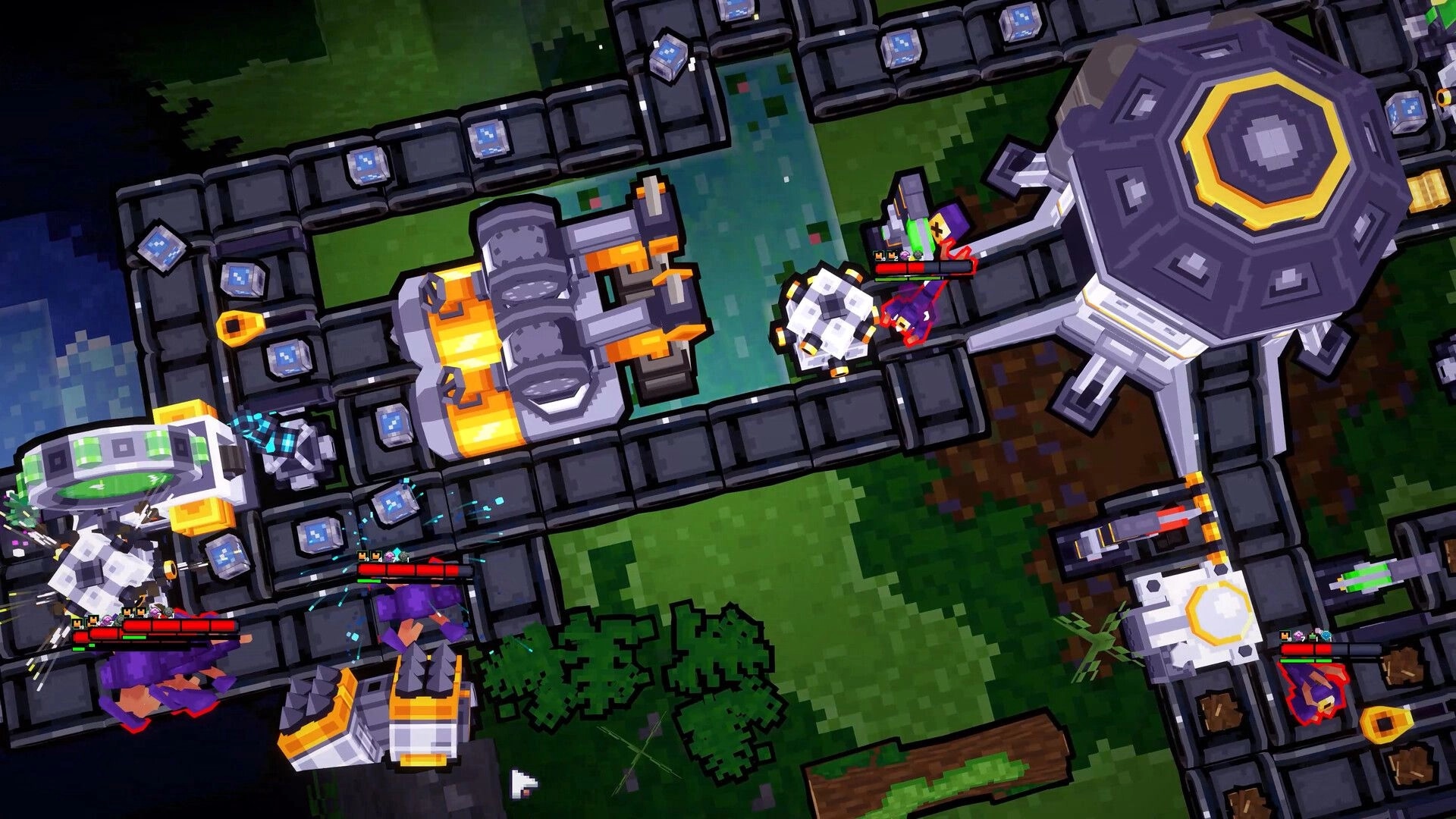 We Build Below: Co-op miners fight purple parasites amid conveyors and machines on a factory grid base.
