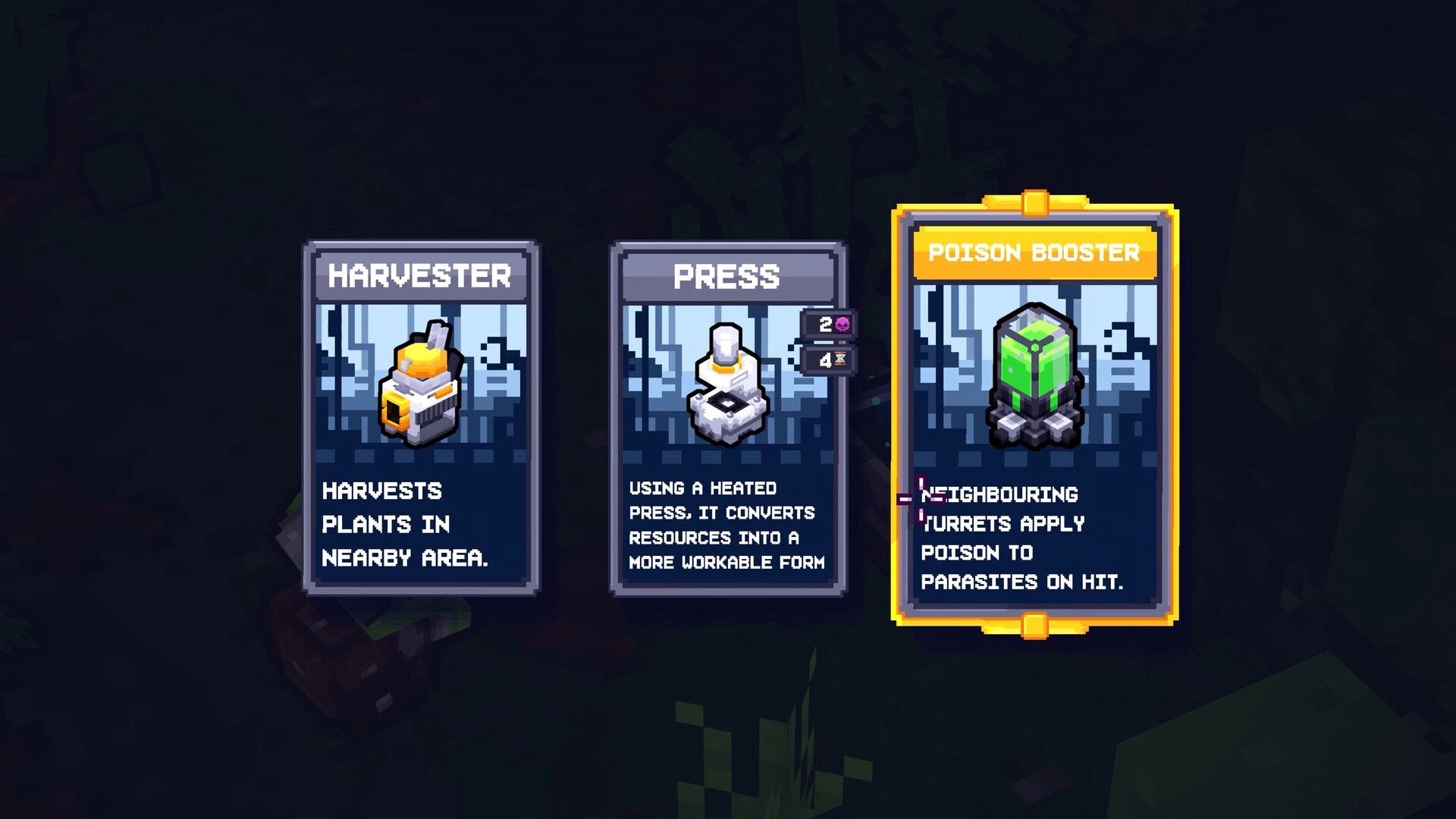 We Build Below: Upgrade card selection for Harvester, Press, and Poison Booster on dark cave backdrop.